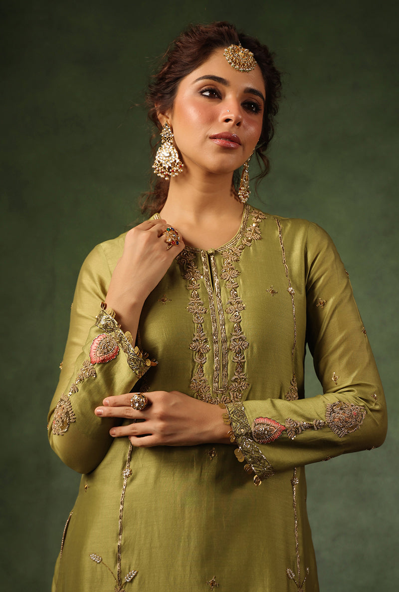 Sage Green Zardosi Patti Buta Joda Ishq Kurta Set