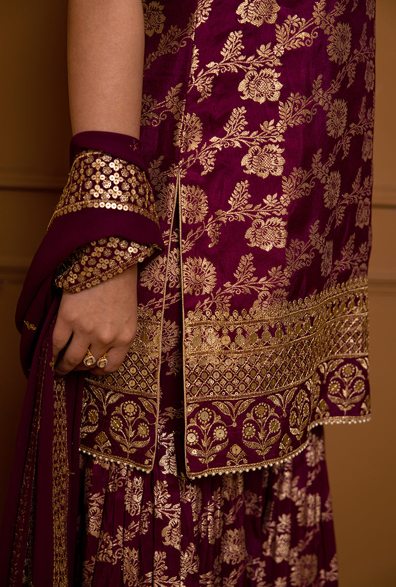 Wine Multi Banarsi Hoor 2.0 Gharara Set