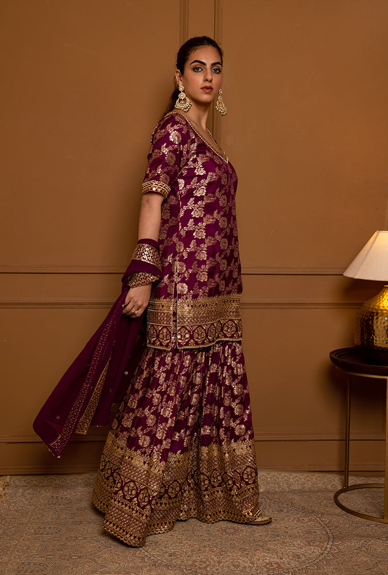 Wine Multi Banarsi Hoor 2.0 Gharara Set