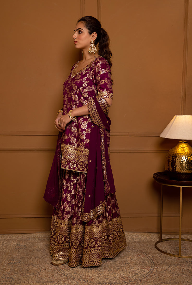 Wine Multi Banarsi Hoor 2.0 Gharara Set