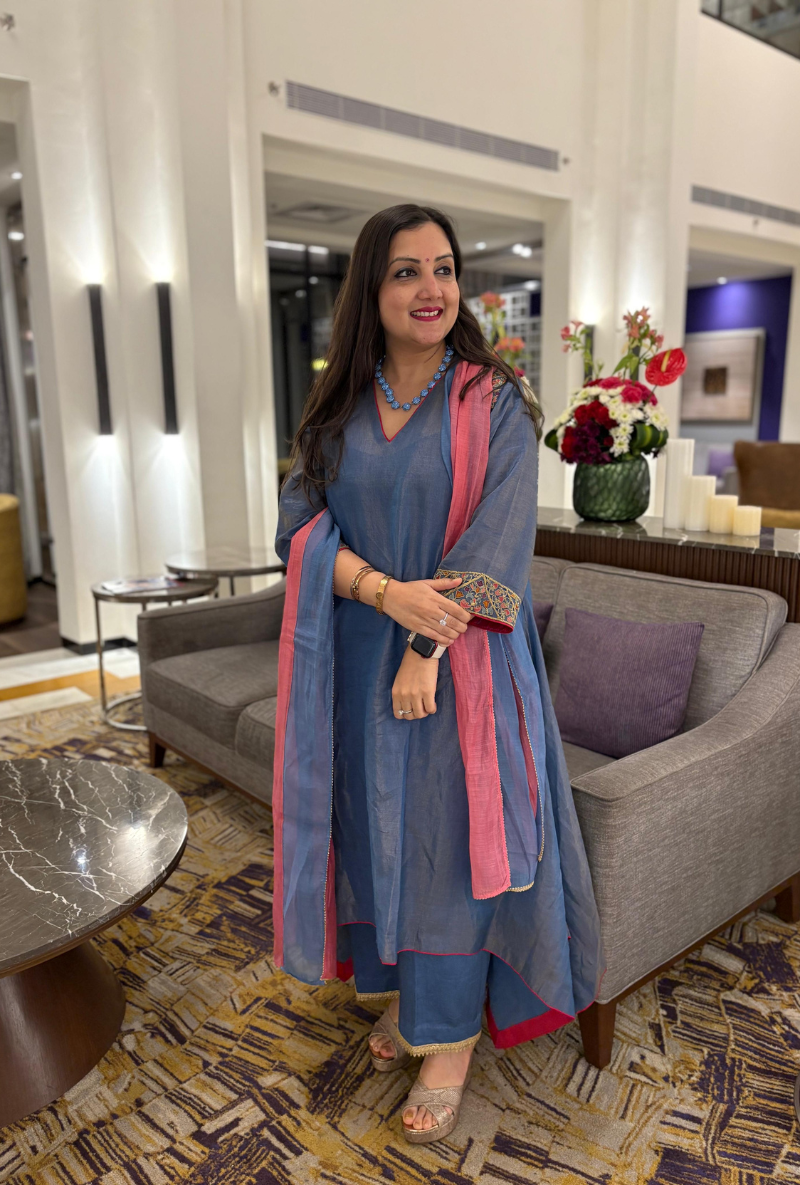 Madhuri Grover in Blue Handloom Cotton Zari Tissue Embroidered Kiara Kurta Set