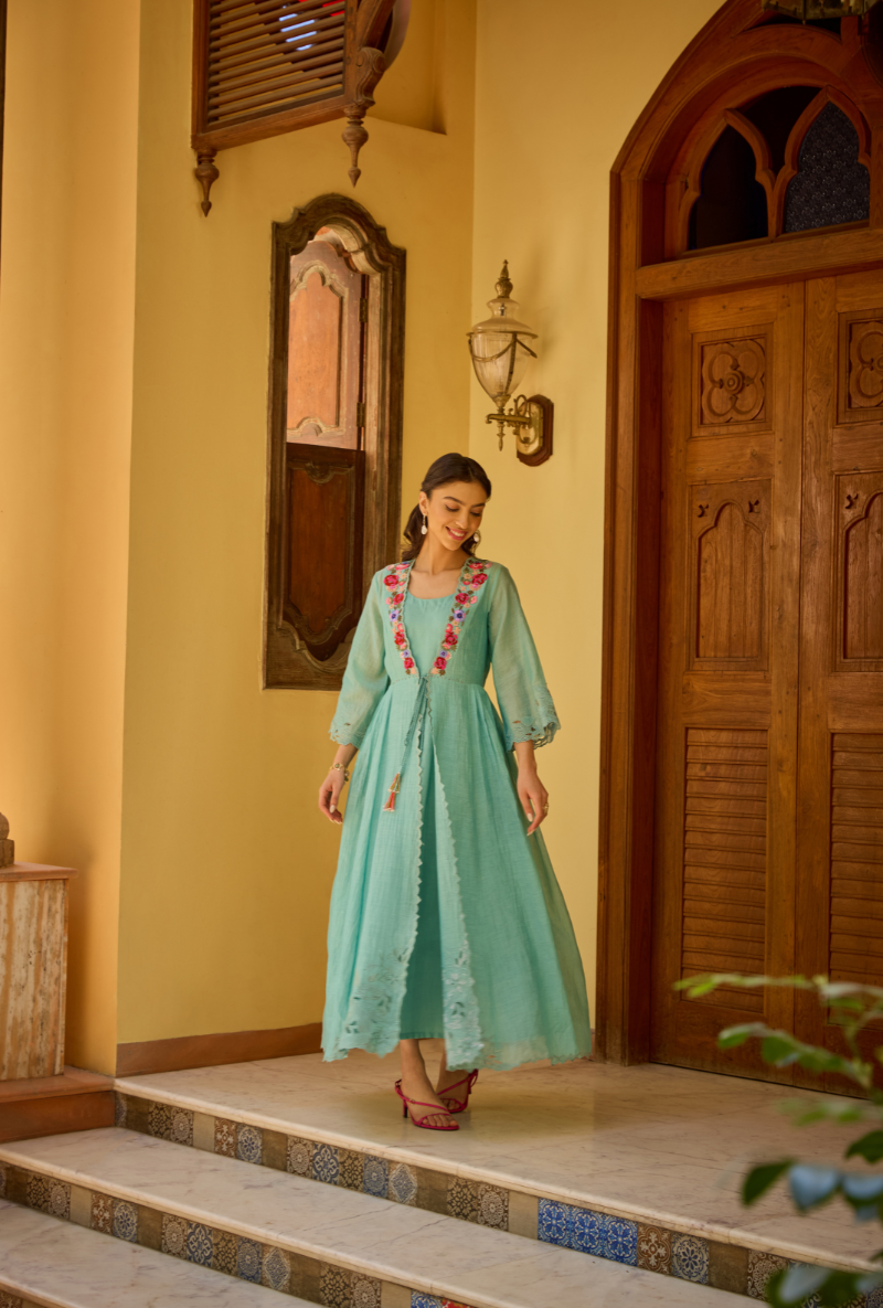 Turquoise Cut Dana And Sequin Cape Anaardana Dress Set