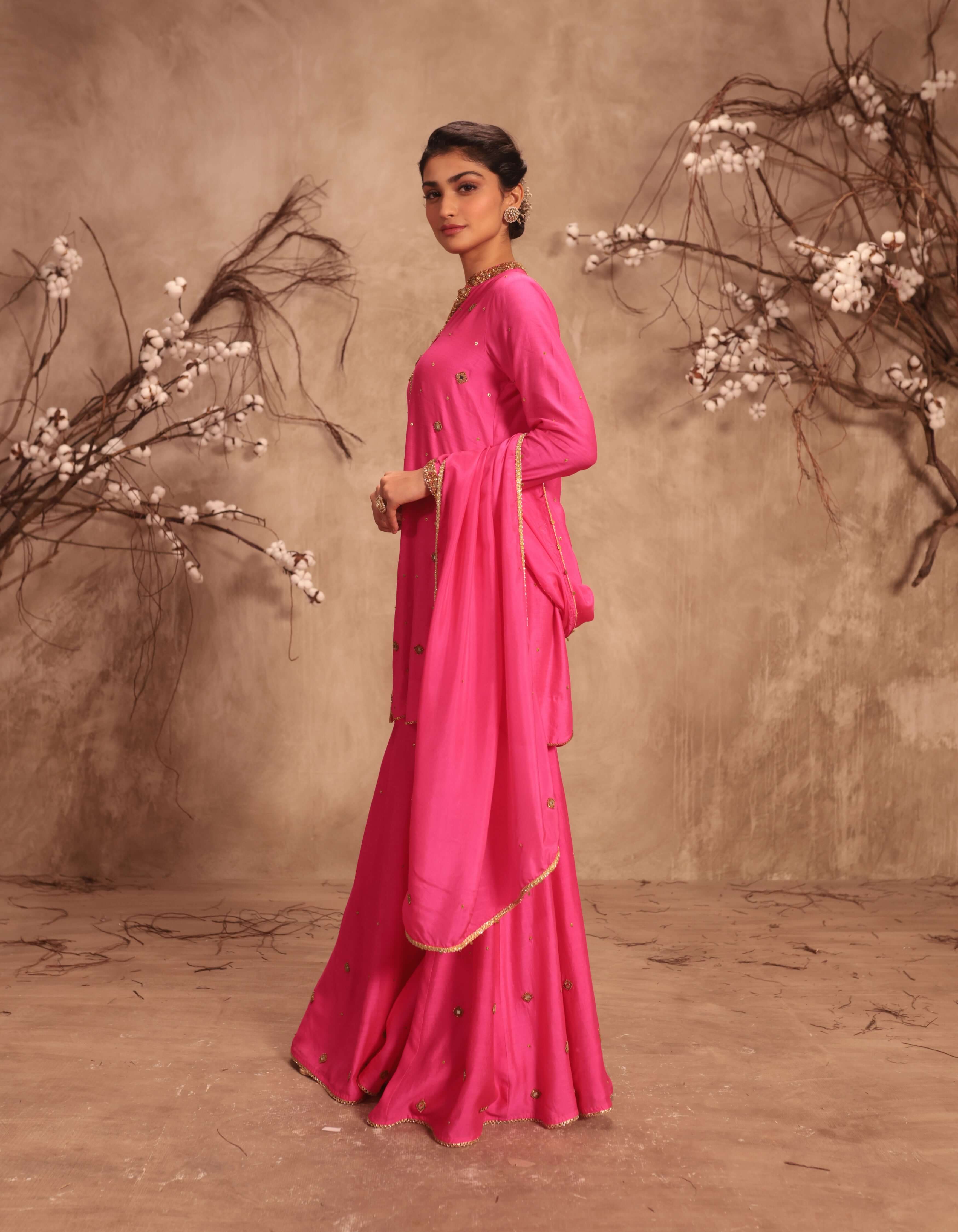 Hot Pink Mirror Work Rani Sharara Set