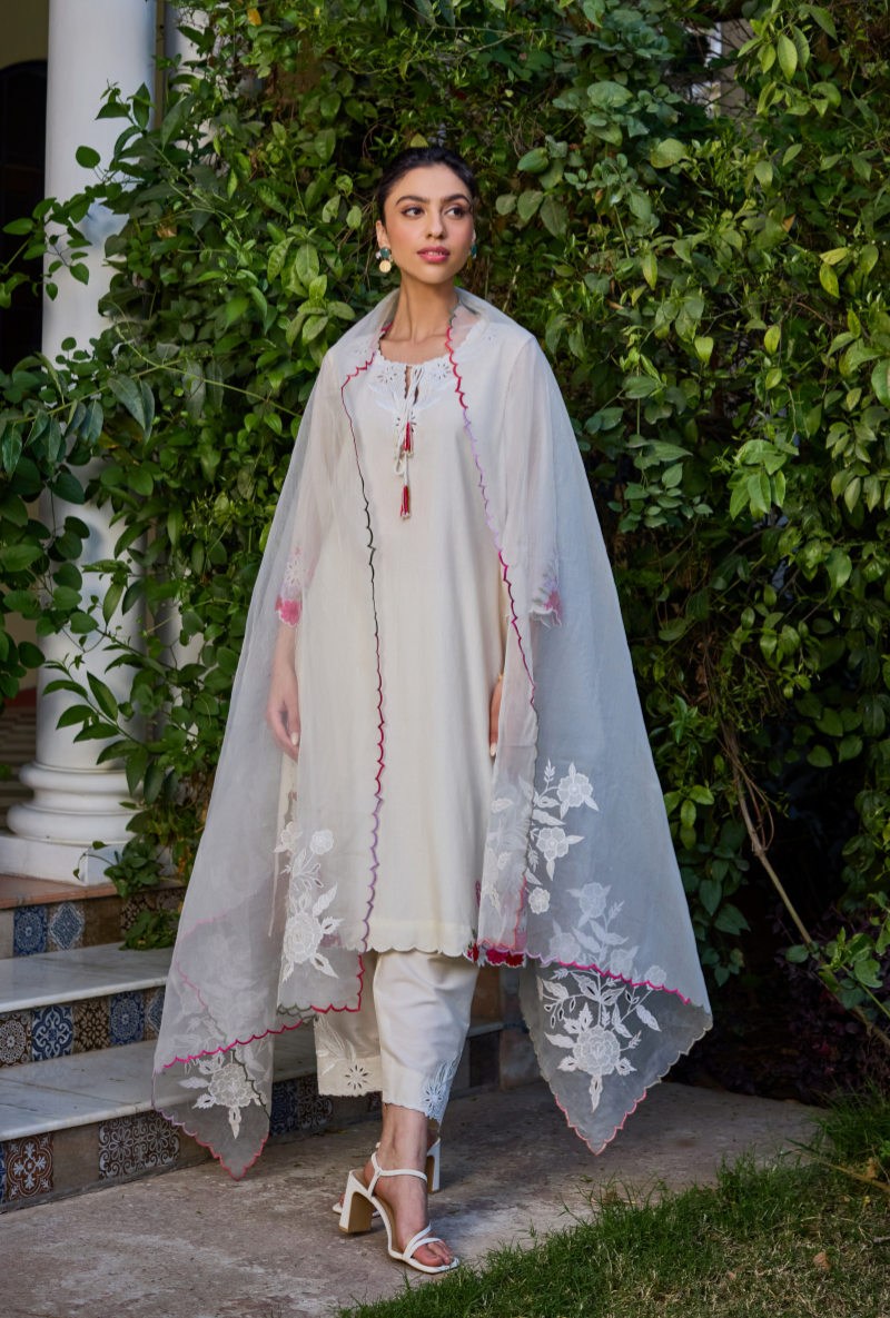 Ivory Cutwork Neckline Straight Anaardana Kurta Set