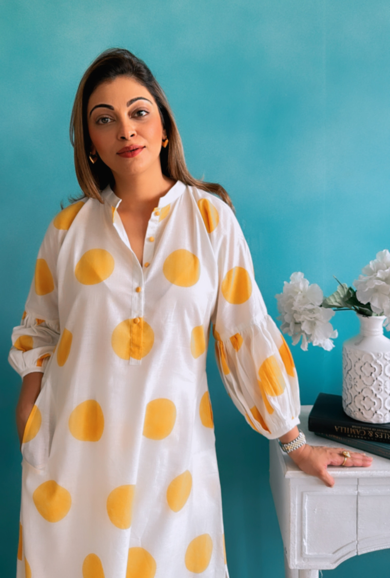 Meghna Nayyar in Yellow Polka Lovebirds Kurta Set