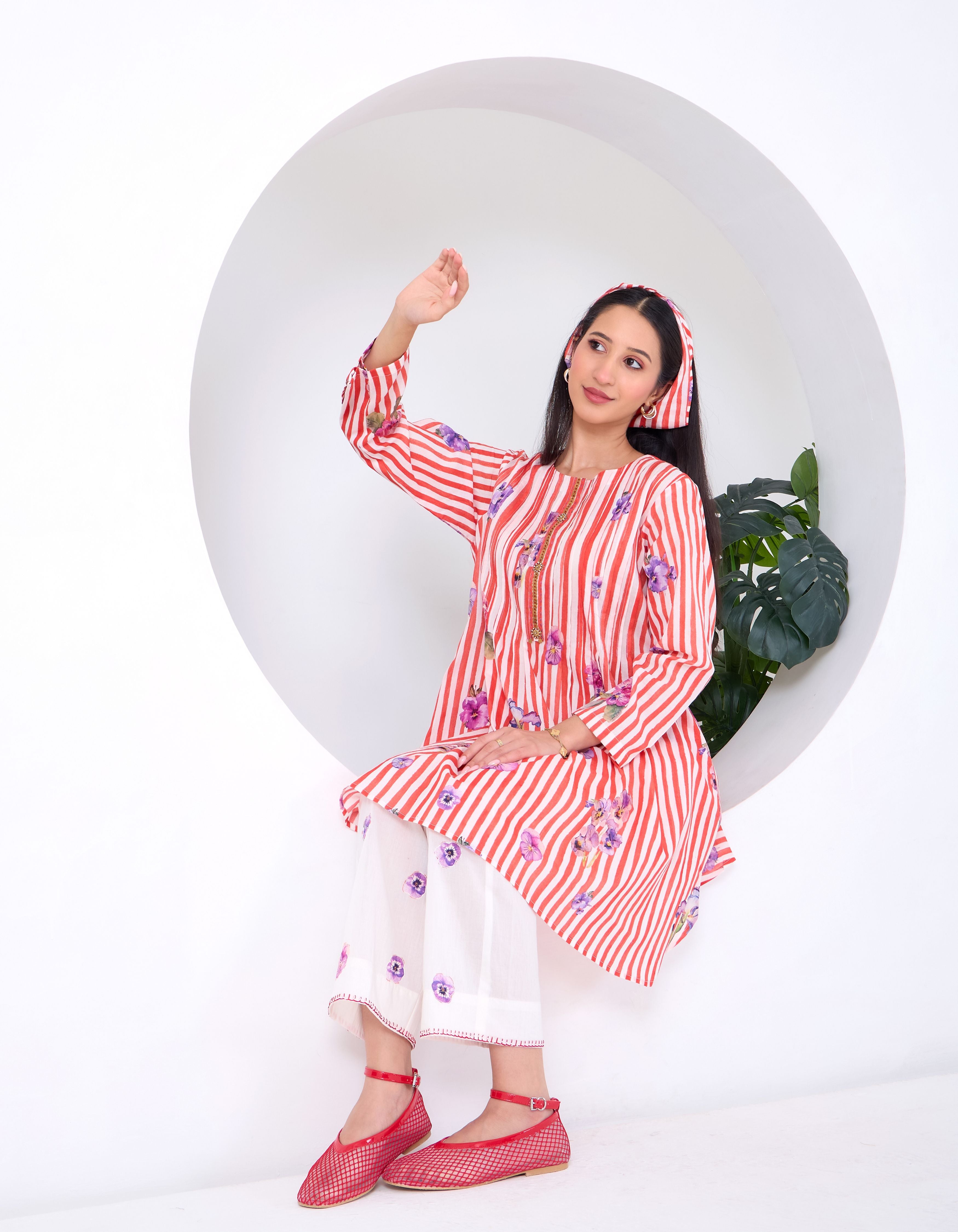 Red & Ivory Stripe Pansy June Kurta Set