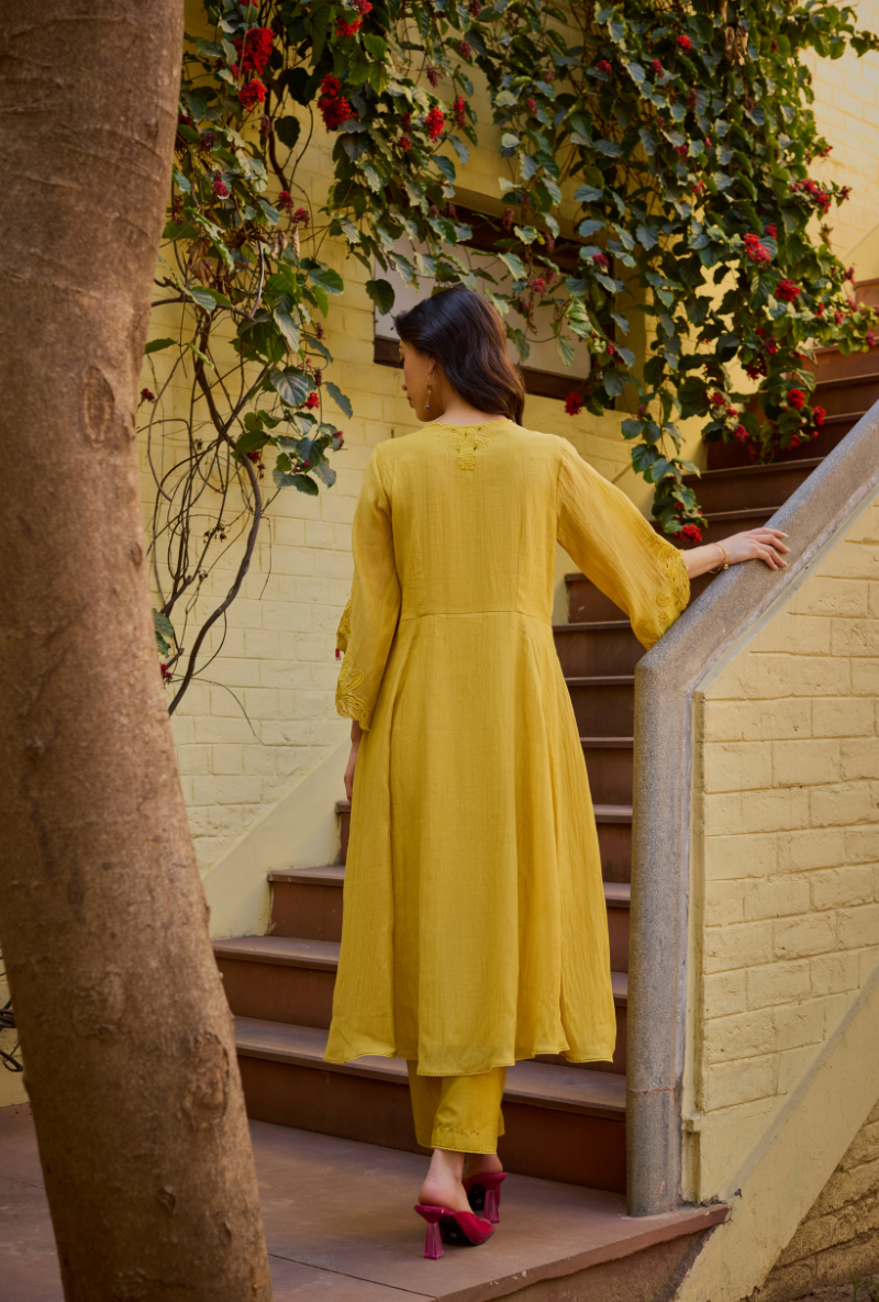 Mustard Empire Cut Applique Anaardana Anarkali Set