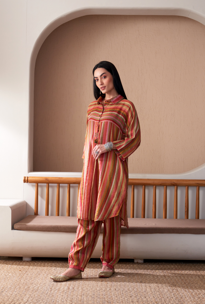 Red Anti Fit Stripe Bageecha Kurta Set