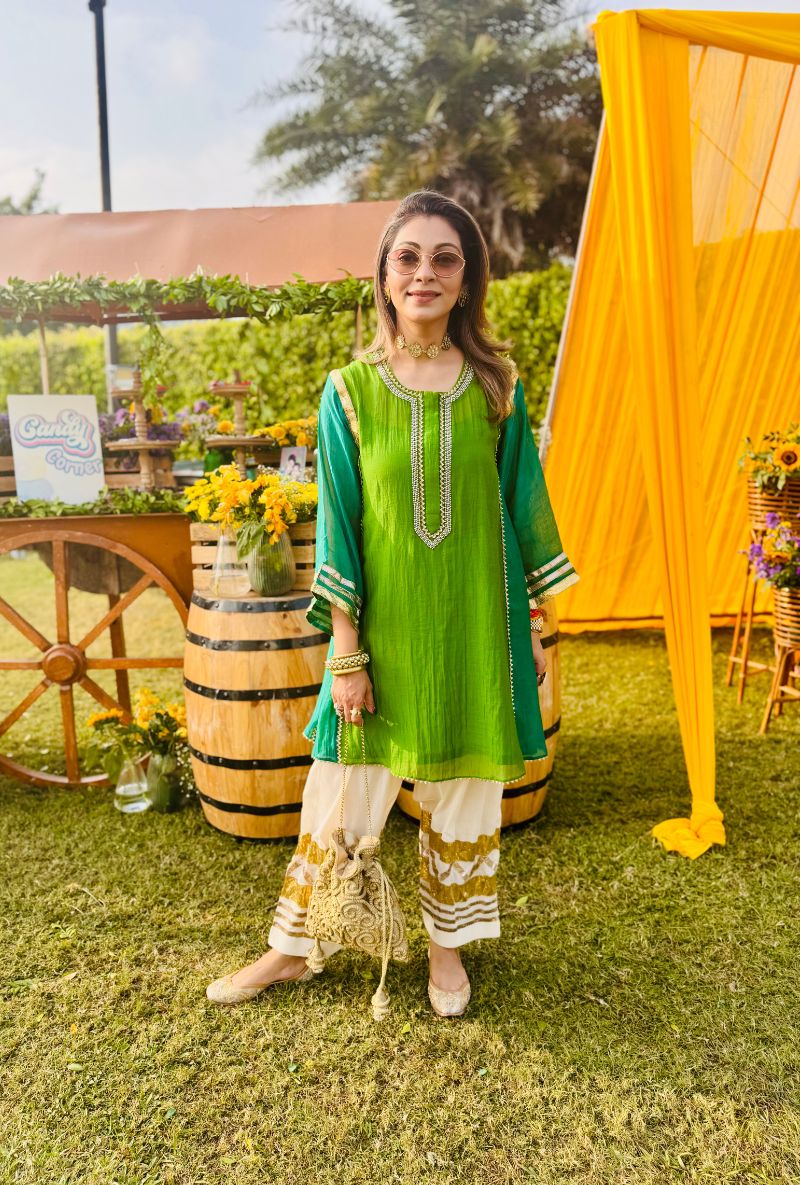 Meghna Nayyar in Green Choga Style Salwar Set