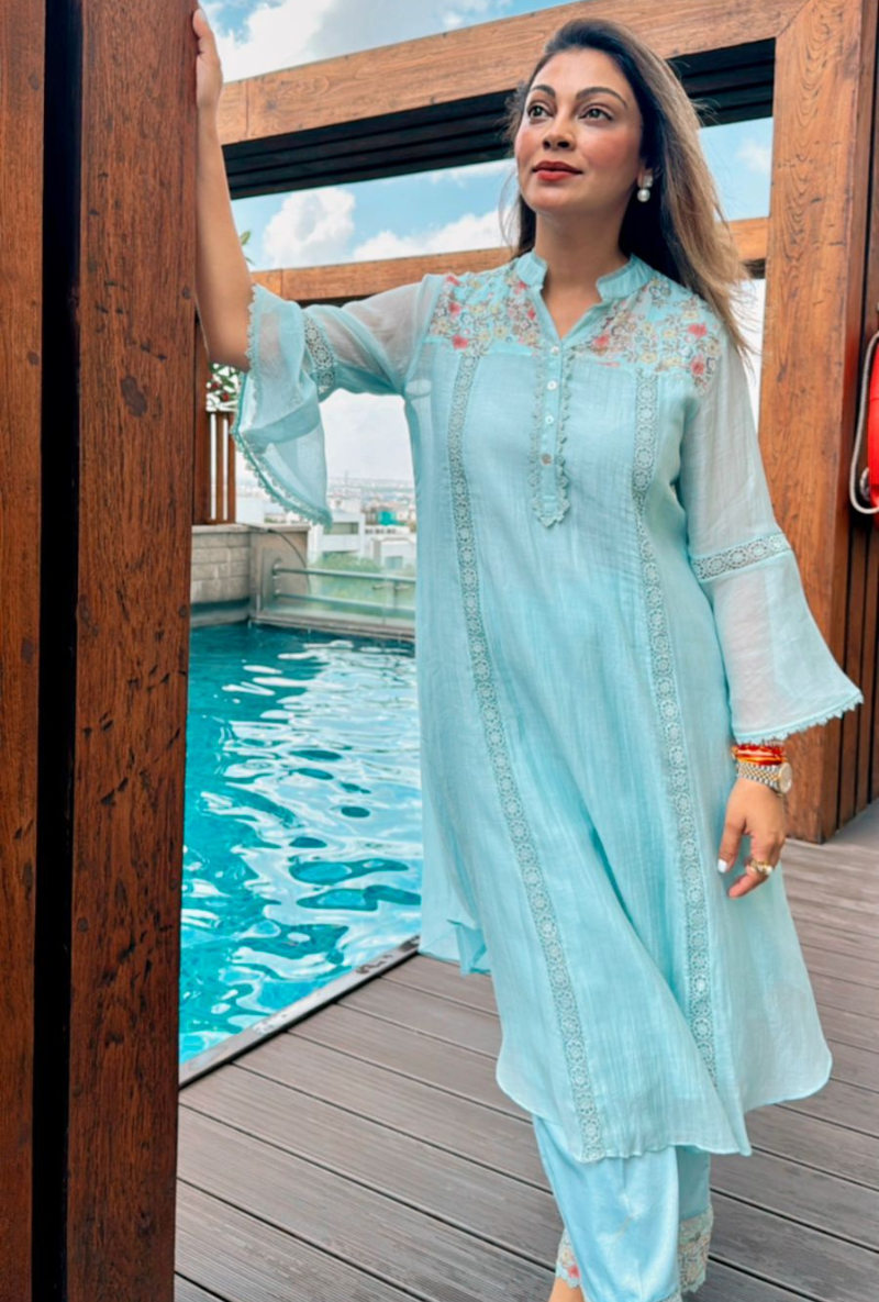 Meghna Nayyar in Aqua Blue Pero Chanderi Floral Shoulder Yoke Kiki Kurta Set