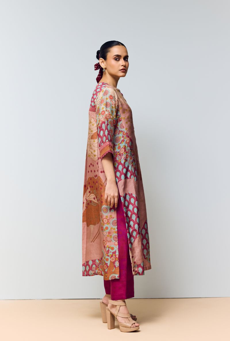 Magenta Pink Hand Printed Kaftan Sleeves Eden Co-Ord Set