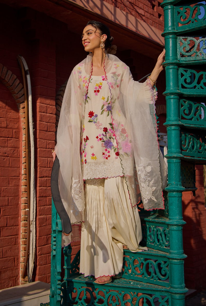 Ivory Hand Embroidery Cut Work Short Kurta Anaardana Gharara Set