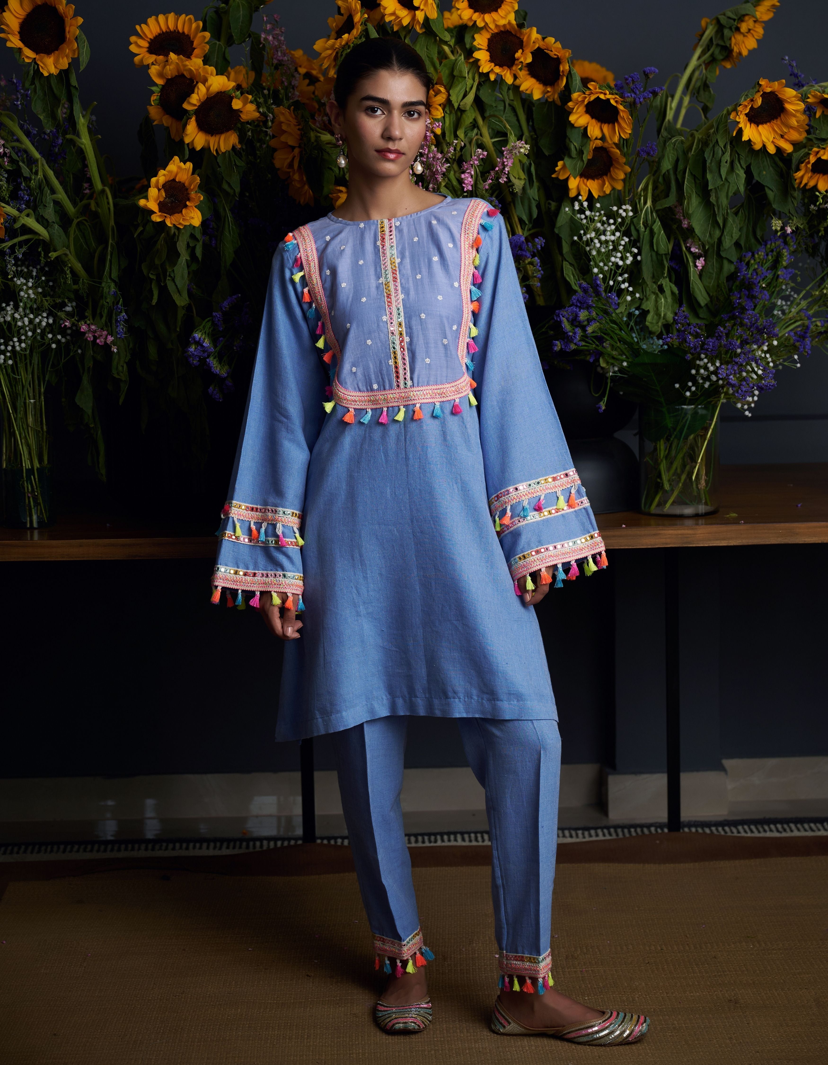 Periwinkle Blue Multi Colour Tassels Vrishti Nadia Kurta Set