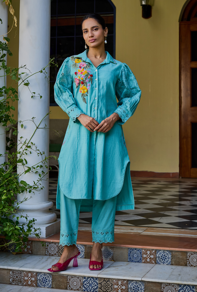 Turquoise Collared Button Down Anaardana Co-Ord Set