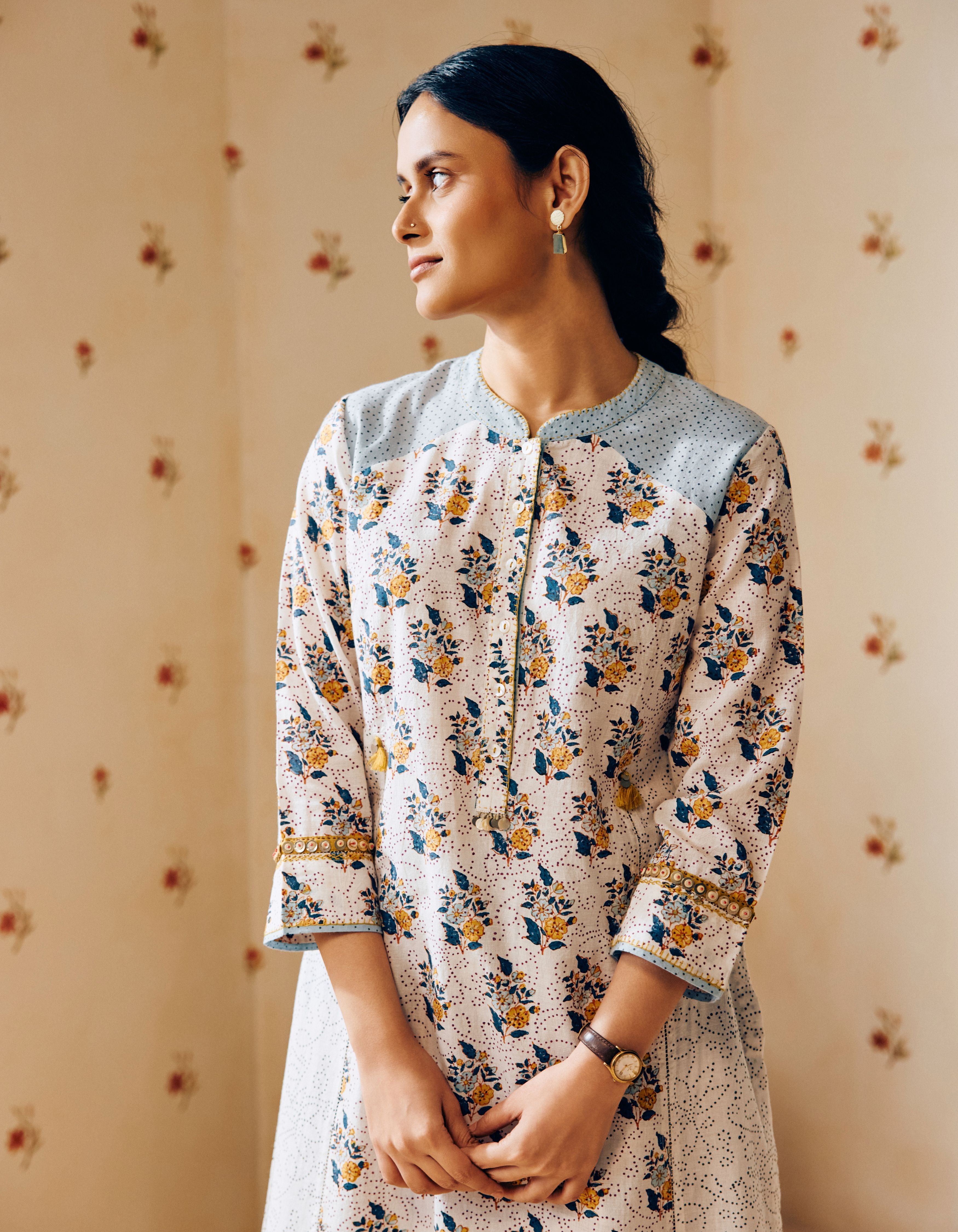 Off-White Flower Bunch Hand Block Print Mia Kurta Set