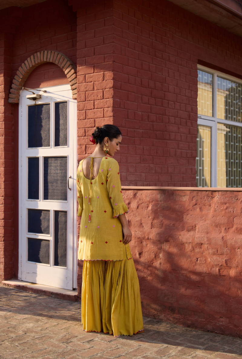 Mustard Hand Embroidery Cut Work Short Kurta Anaardana Gharara Set