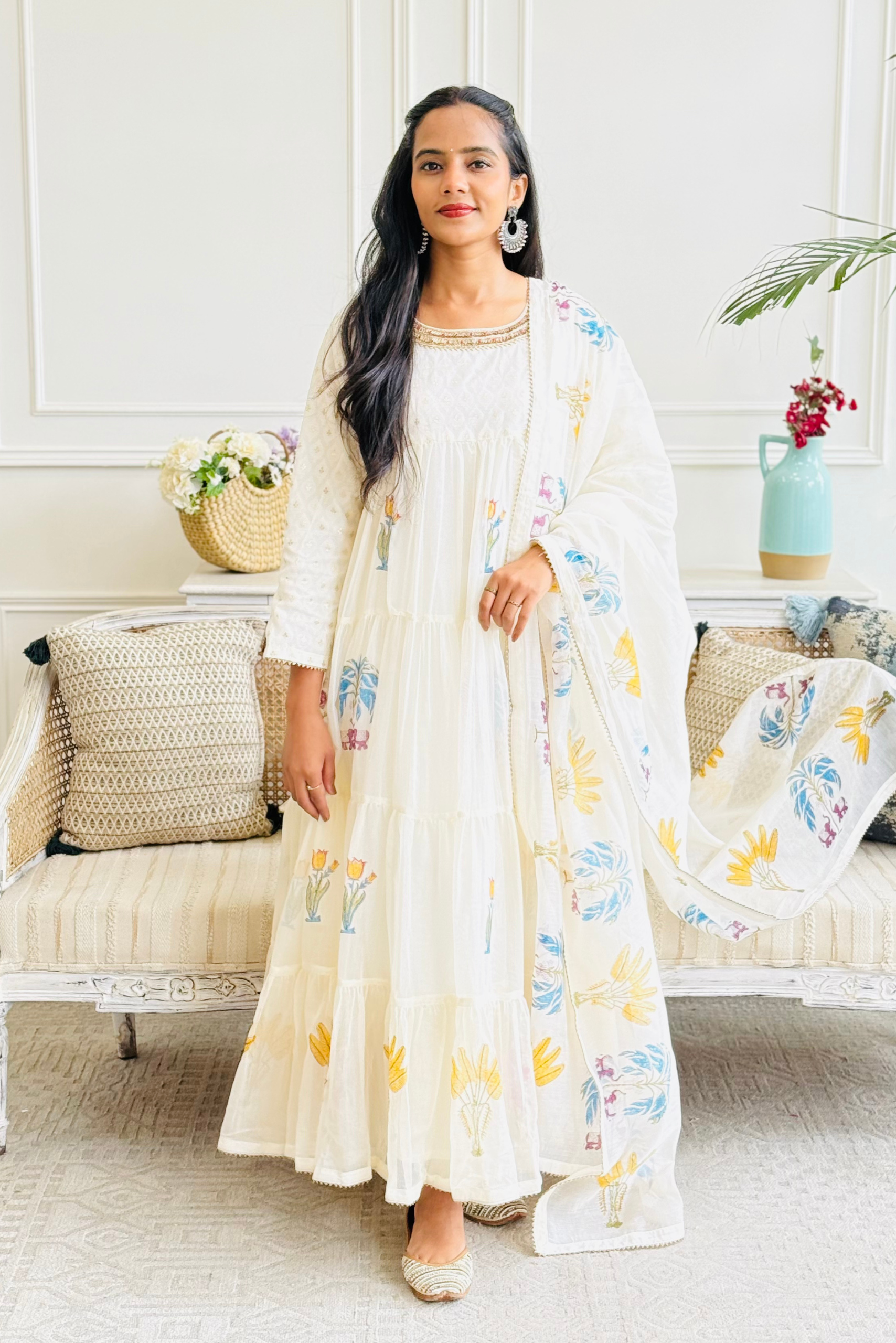 Jyoti Verma in Off White Jacquard Layered Farah Anarkali Set