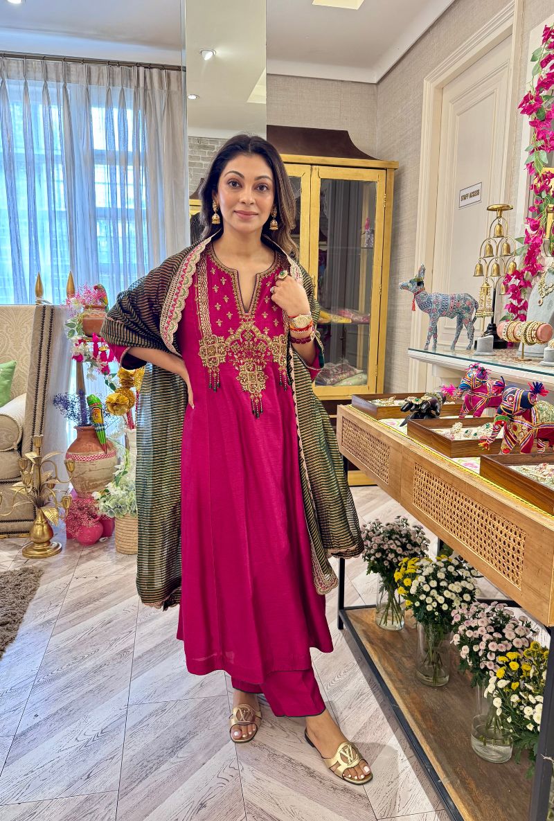 Meghna Nayyar in Rani Pink with Hand-Embroidered Yoke Kurta Set