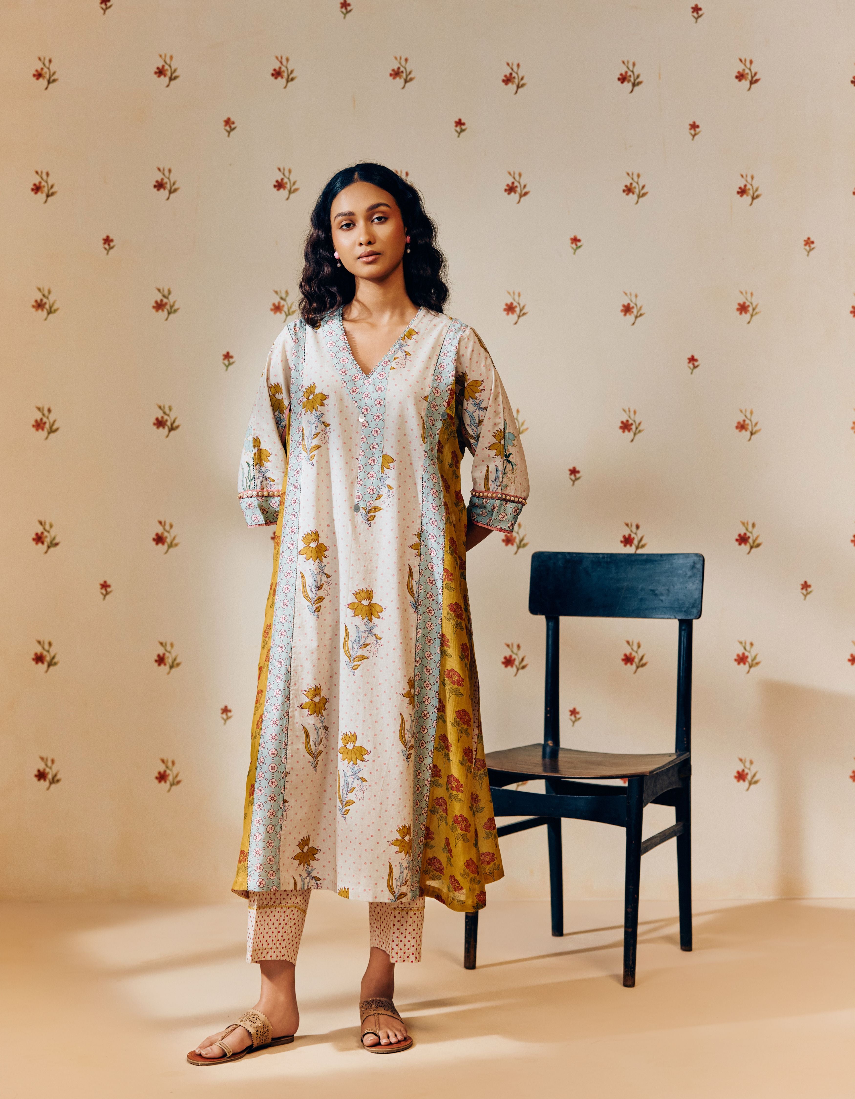 Off White And Mustard Hand Block Printed Silk Multi Panel Mia Kurta Set