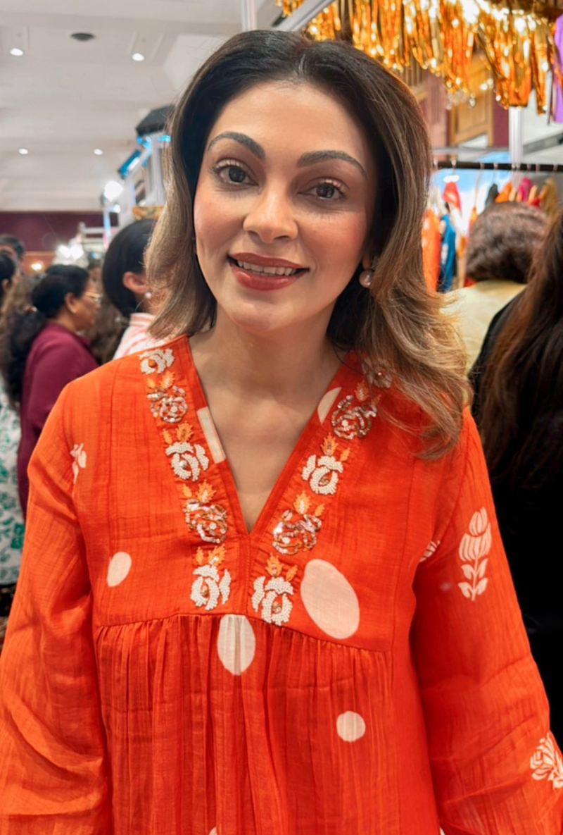 Meghna Nayyar in Orange Polka  Hand Block Print Ruhi Kurta Set