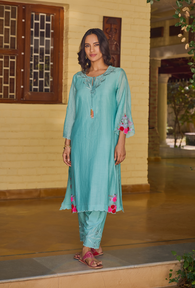 Turquoise Cutwork Neckline Straight Anaardana Kurta Set
