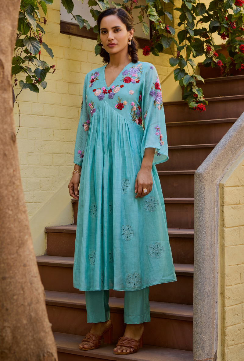 Turquoise Hand Embroidered Kalidaar Anaardana Kurta Set