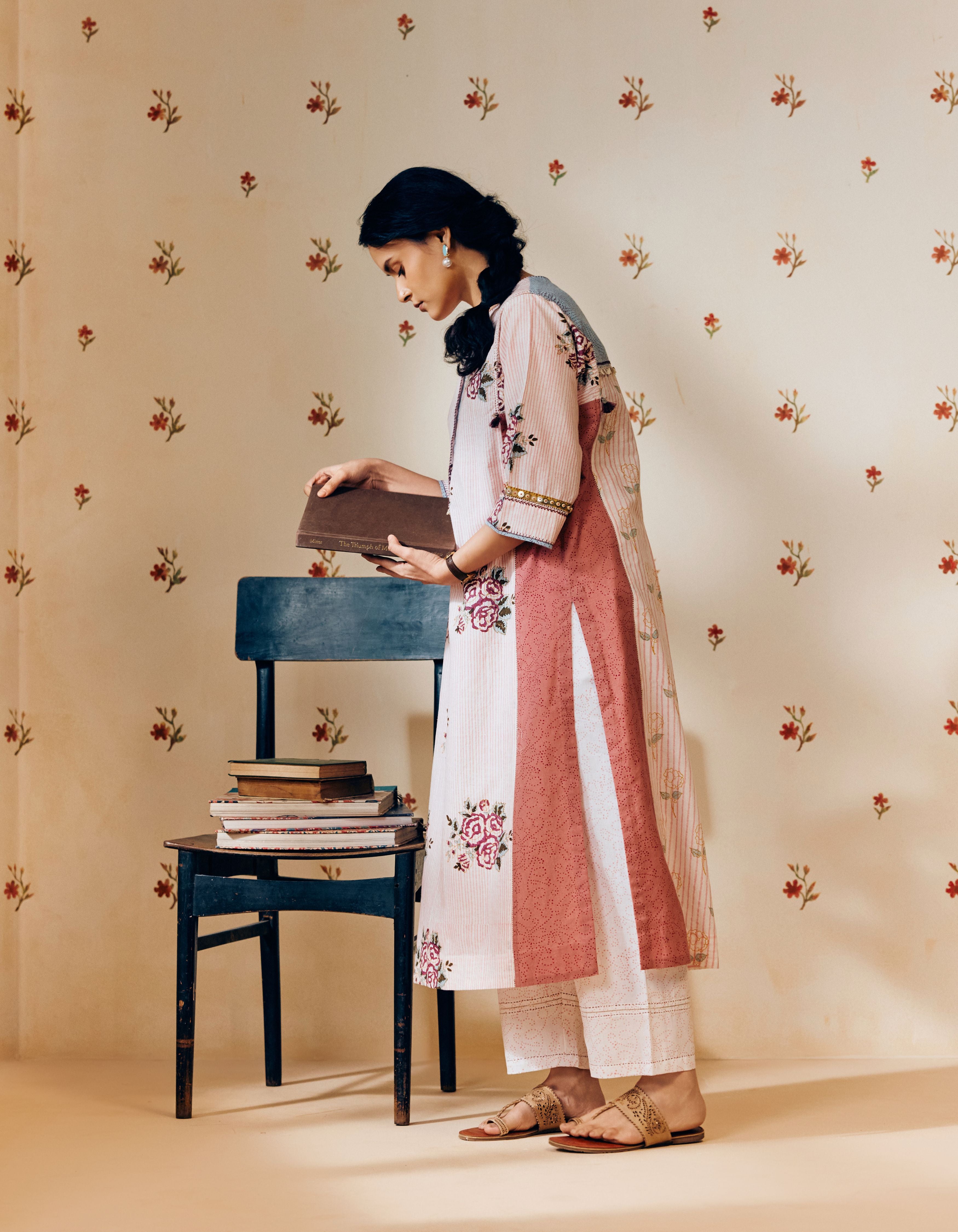 Off-White &  Pink Handblock Rose Motif Mia Kurta Set