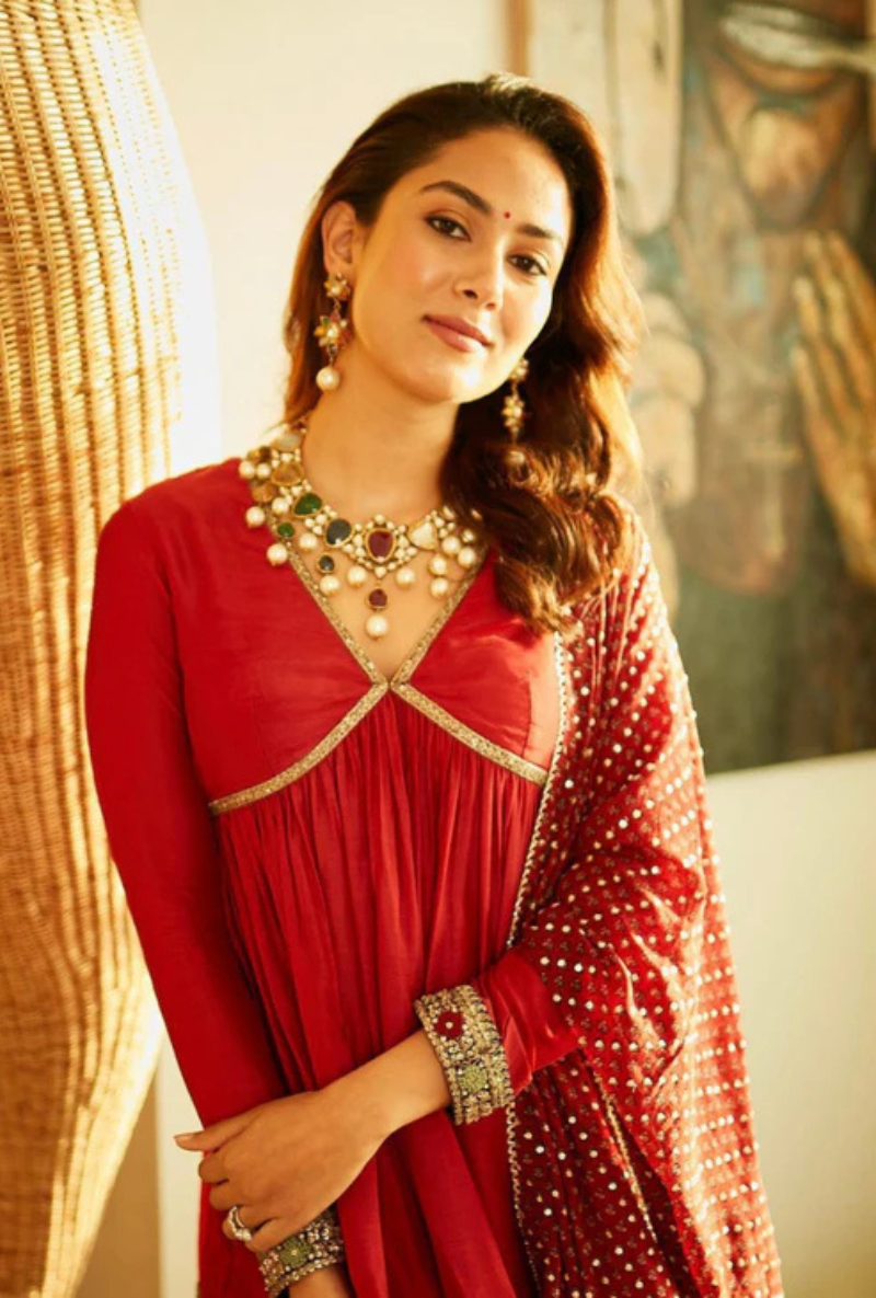 Mira Rajput in Red Cross Yoke Embroidered Chhaya Sharara Set