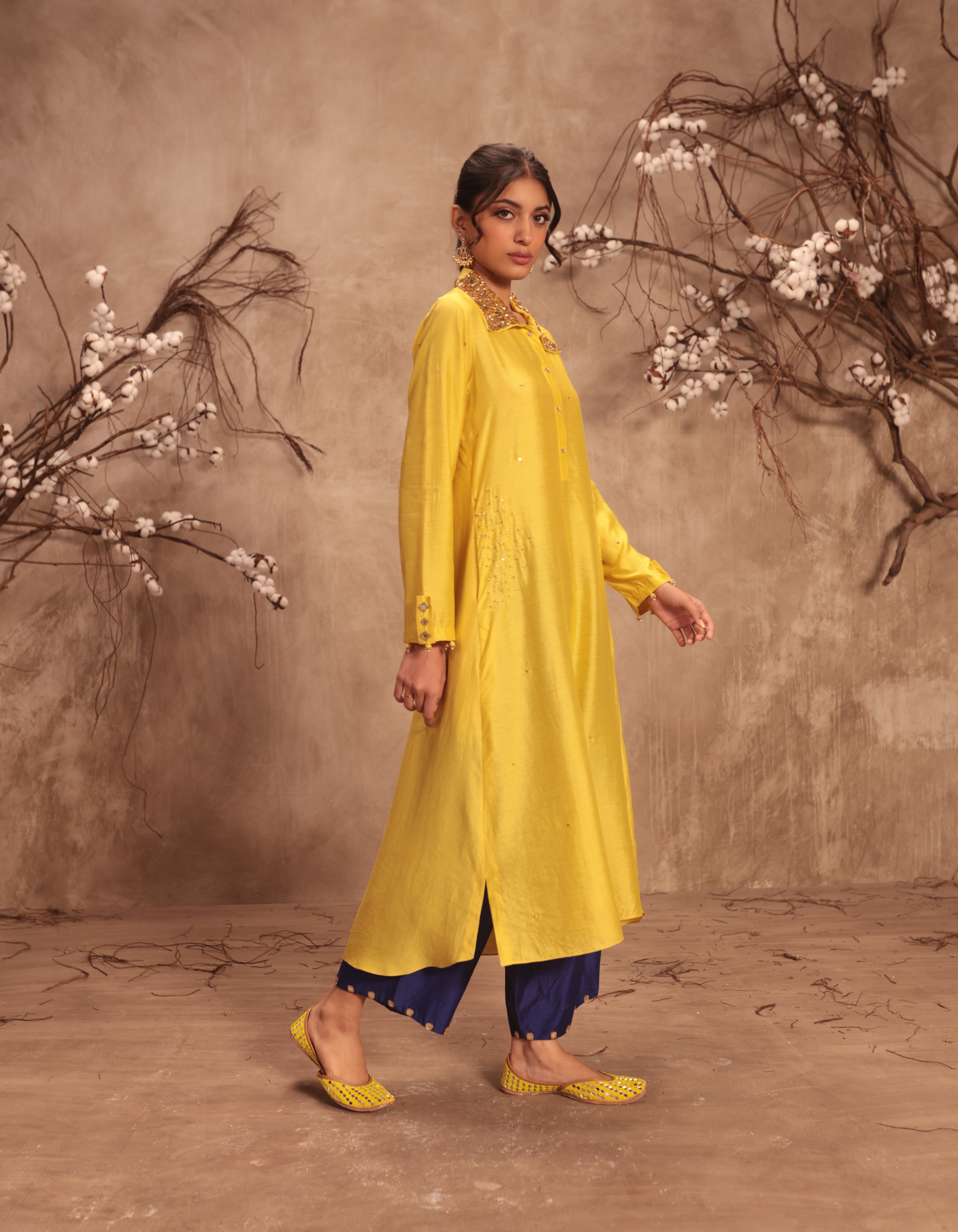 Yellow Heavy Collar Rani Kurta Set
