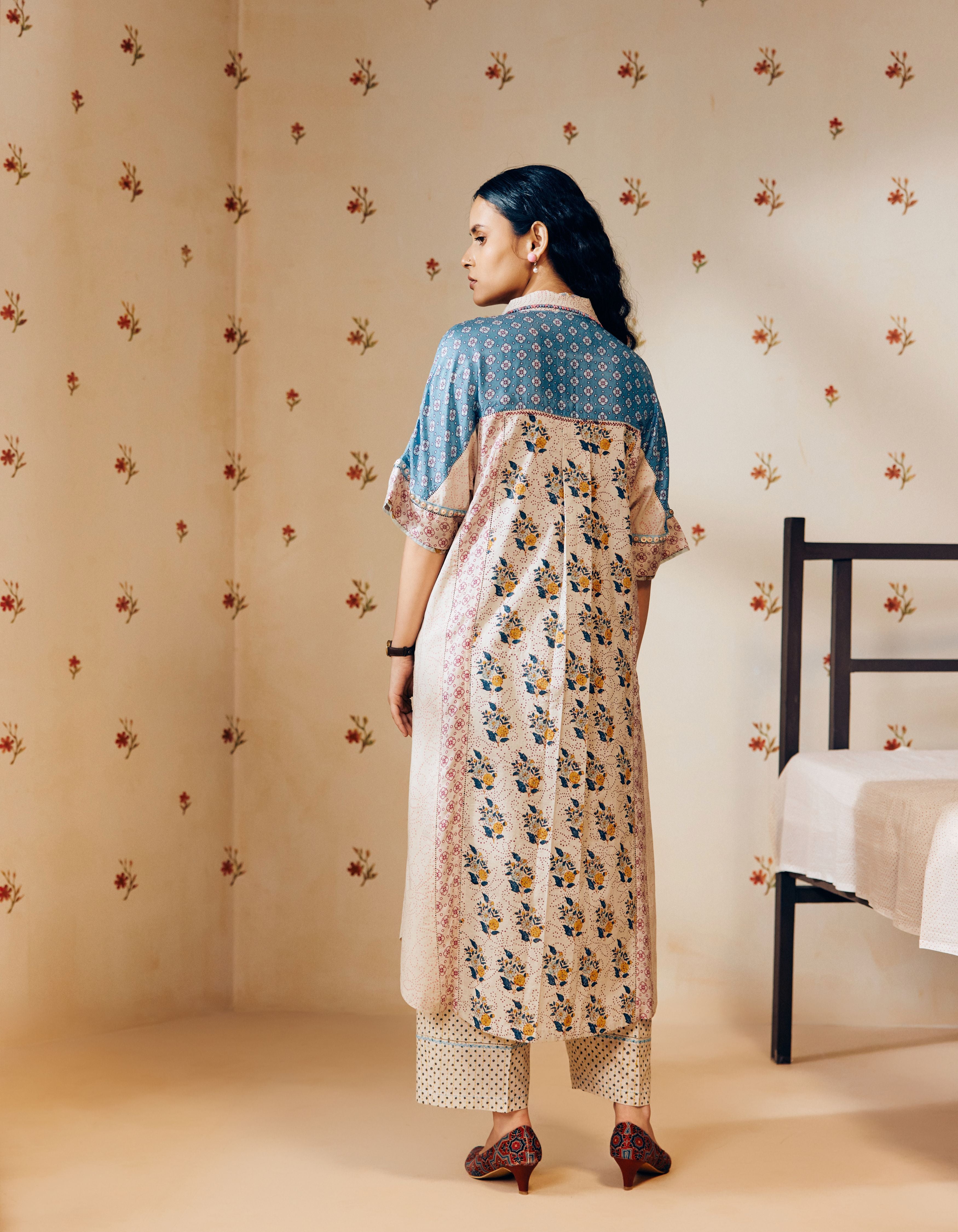 Off-White Long Shirt Hand Block Printed Mia Kurta Set