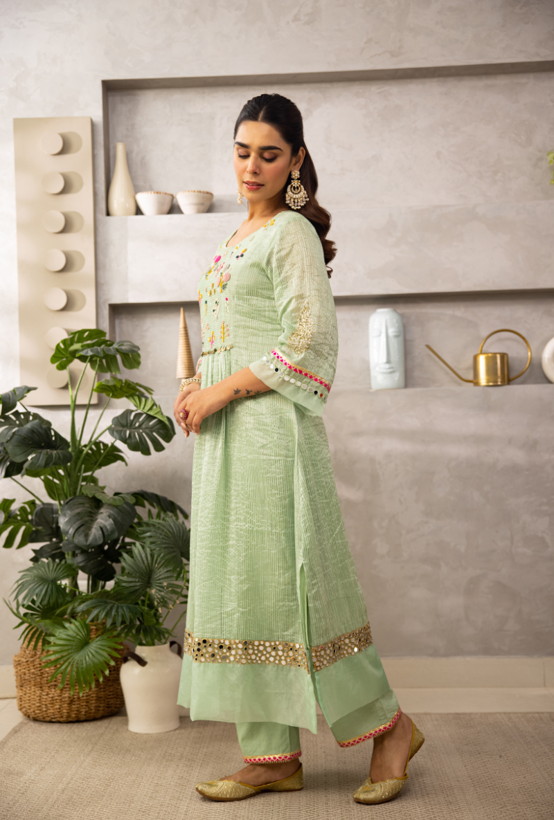 Aqua Resham Yoke Front Pleats Laado Kurta Set