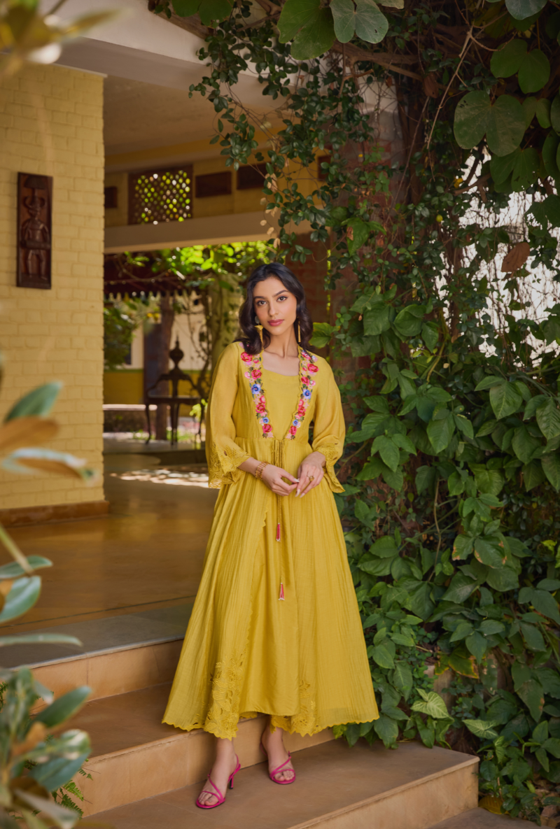 Mustard Cut Dana And Sequin Cape Anaardana Dress Set