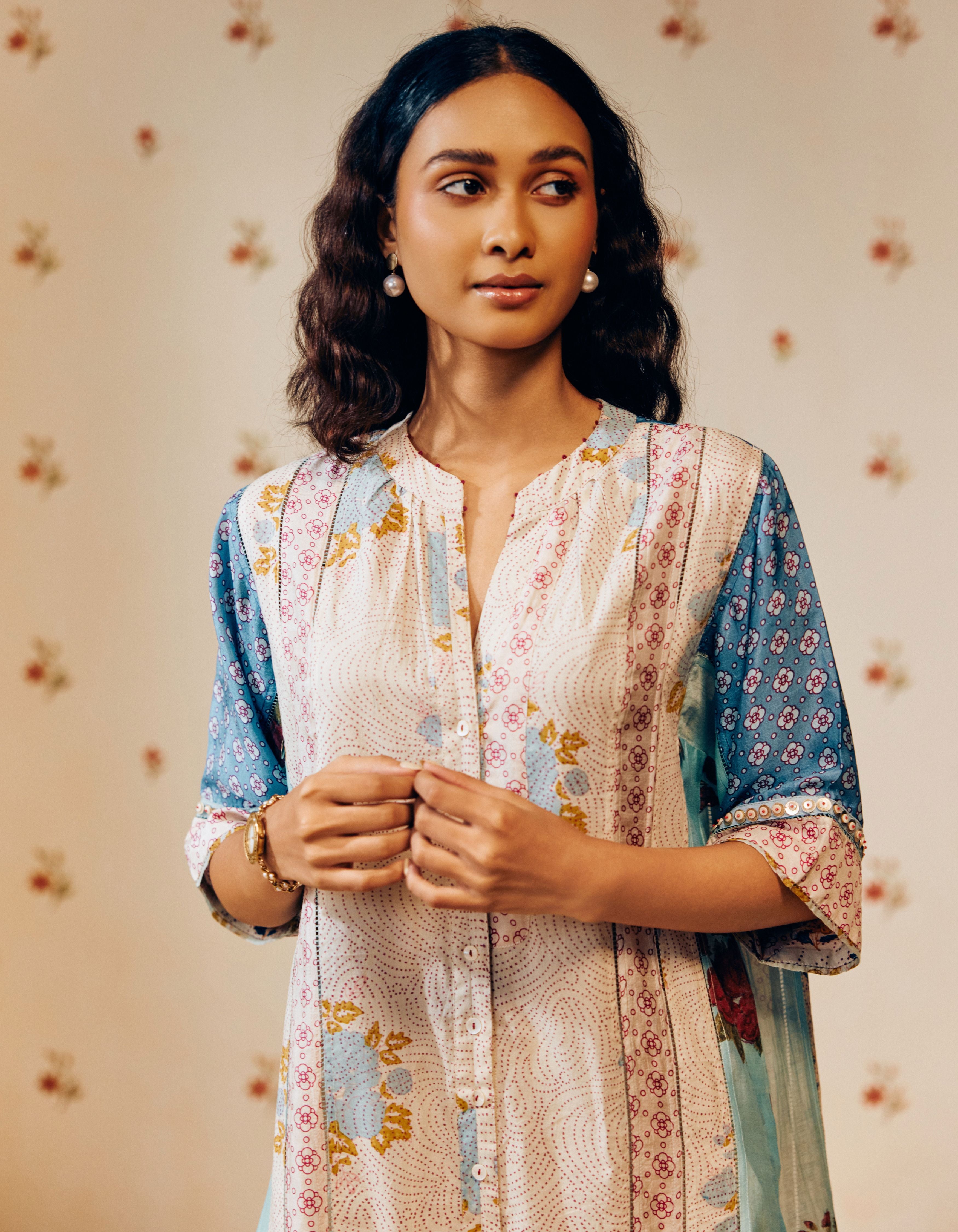 Blue and Off White Front Button Placket Hand Block Printed Multi Panel Mia Kurta Set