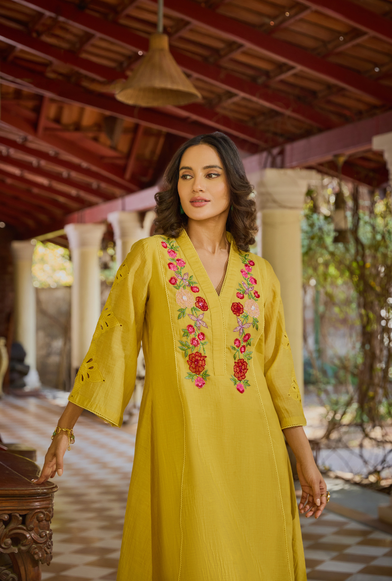 Mustard Overlapping Neckline Anaardana Kurta Set