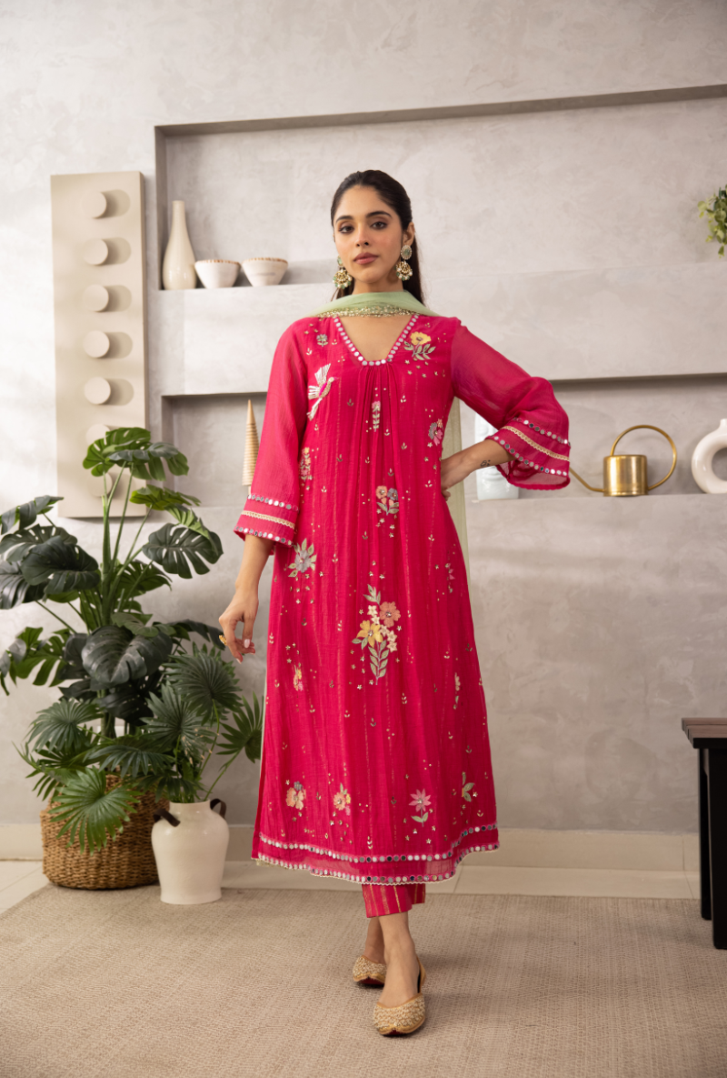 Pink Glass Neckline A-Line Kurta Set