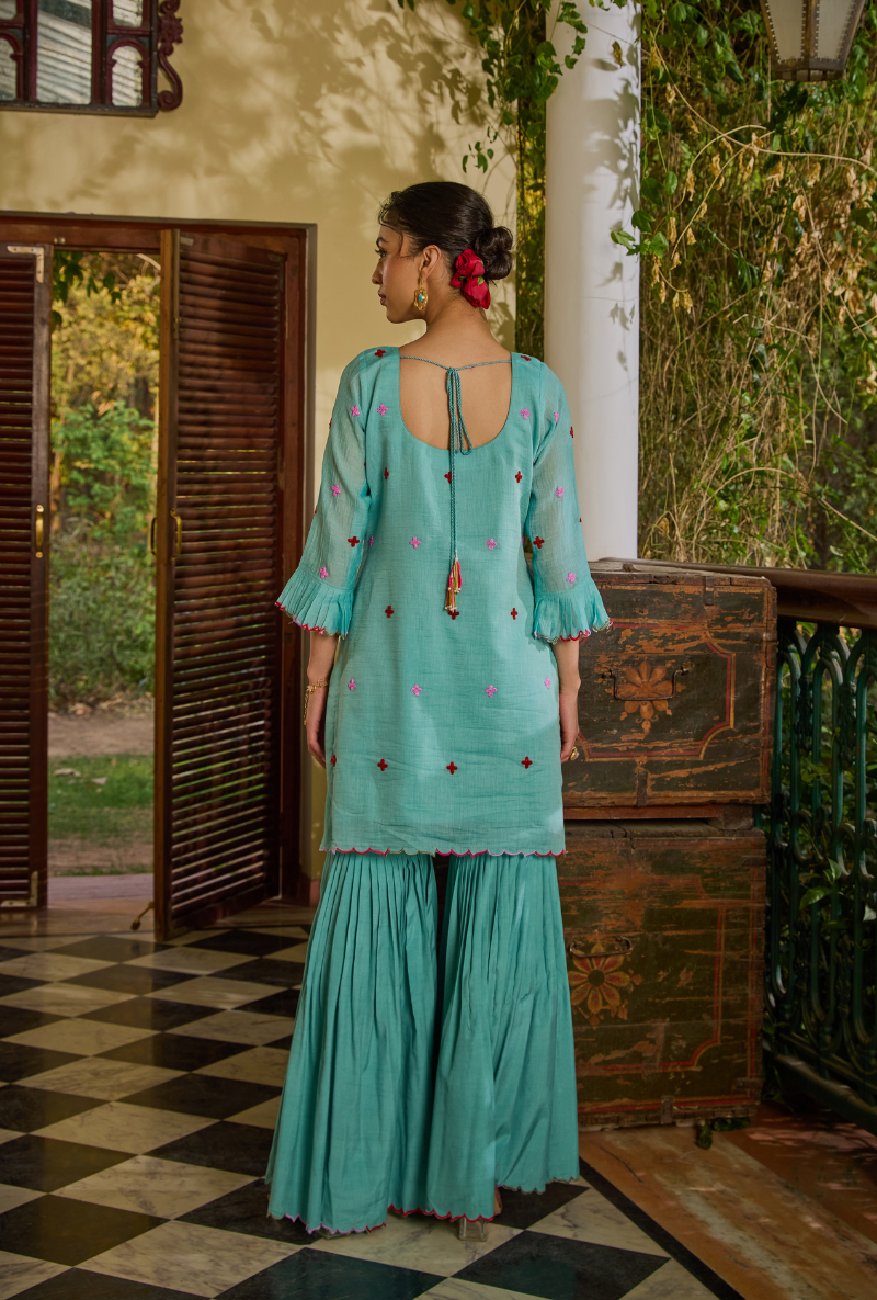 Turquoise Hand Embroidery Cut Work Short Kurta Anaardana Gharara Set