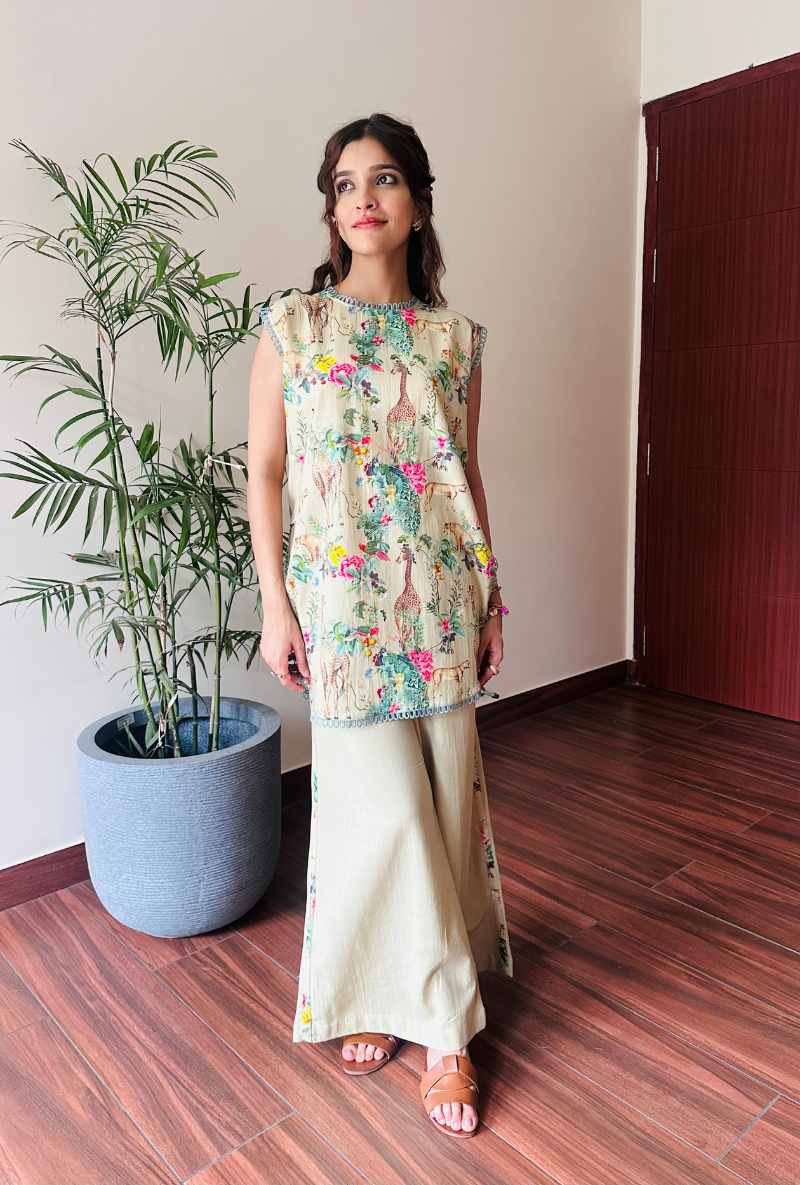 Varsha Rana in Beige Safari Print Sleeveless Savannah Co-Ord Set