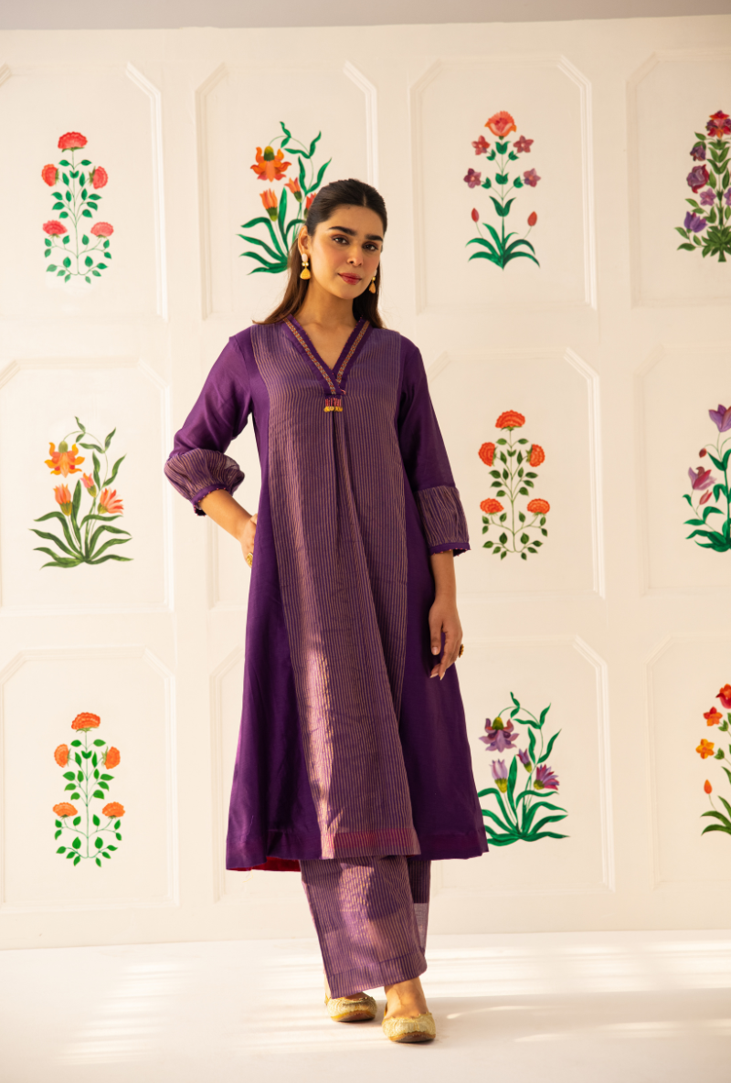 Purple High Collar Kishmish Kurta Set