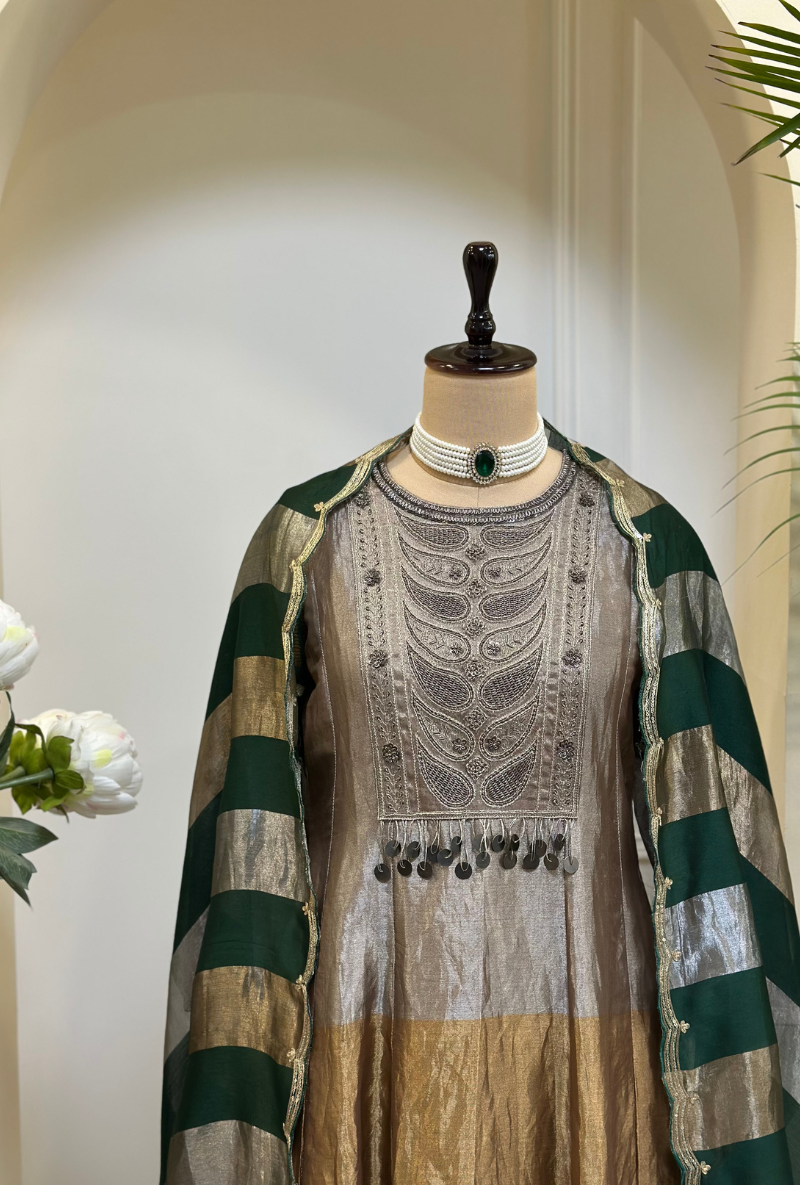 Madhuri Grover in Silver Yoke Tissue Metallic Kainaat Anarkali Set