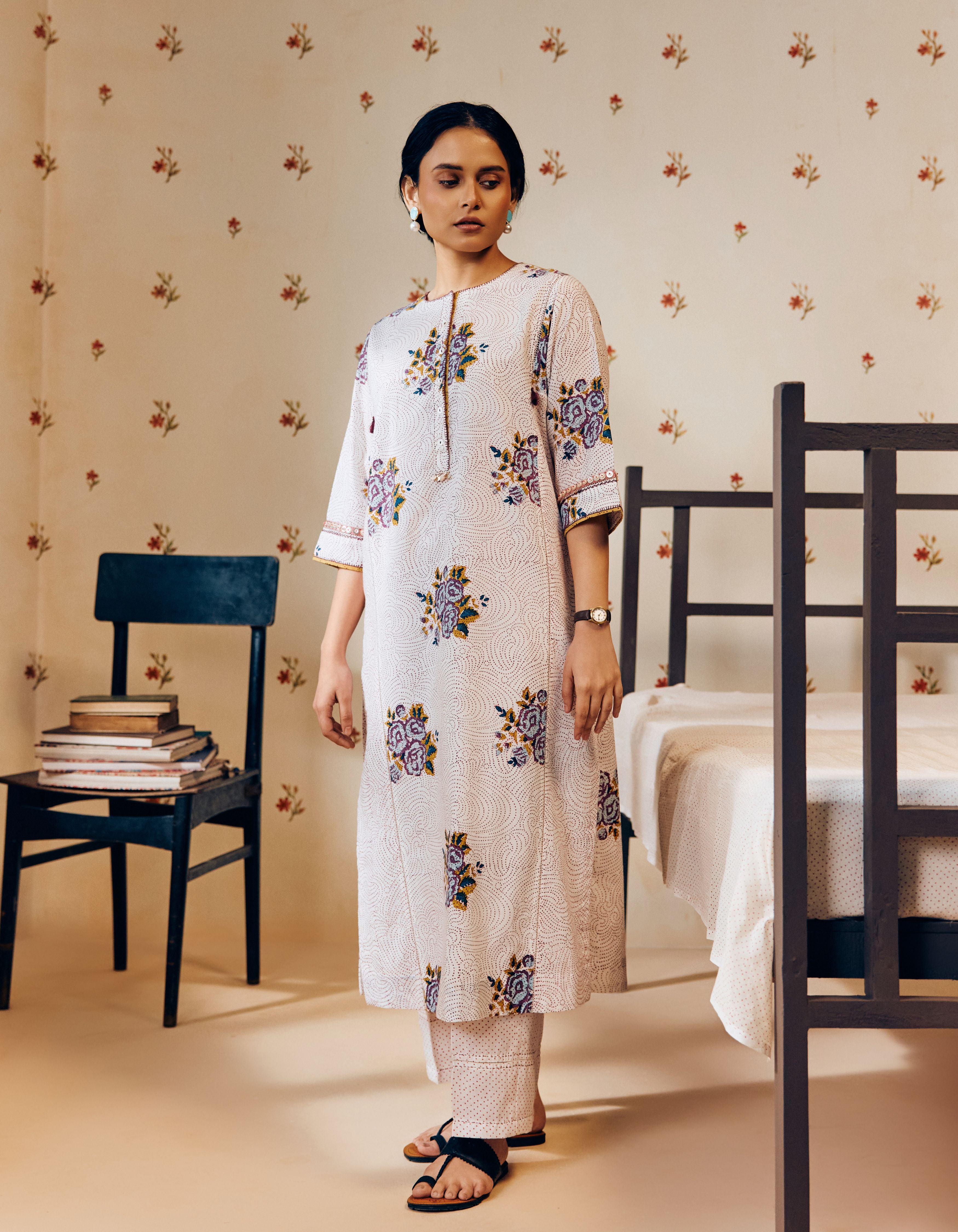 Off-White Rose Handblock Print Mia Kurta Set