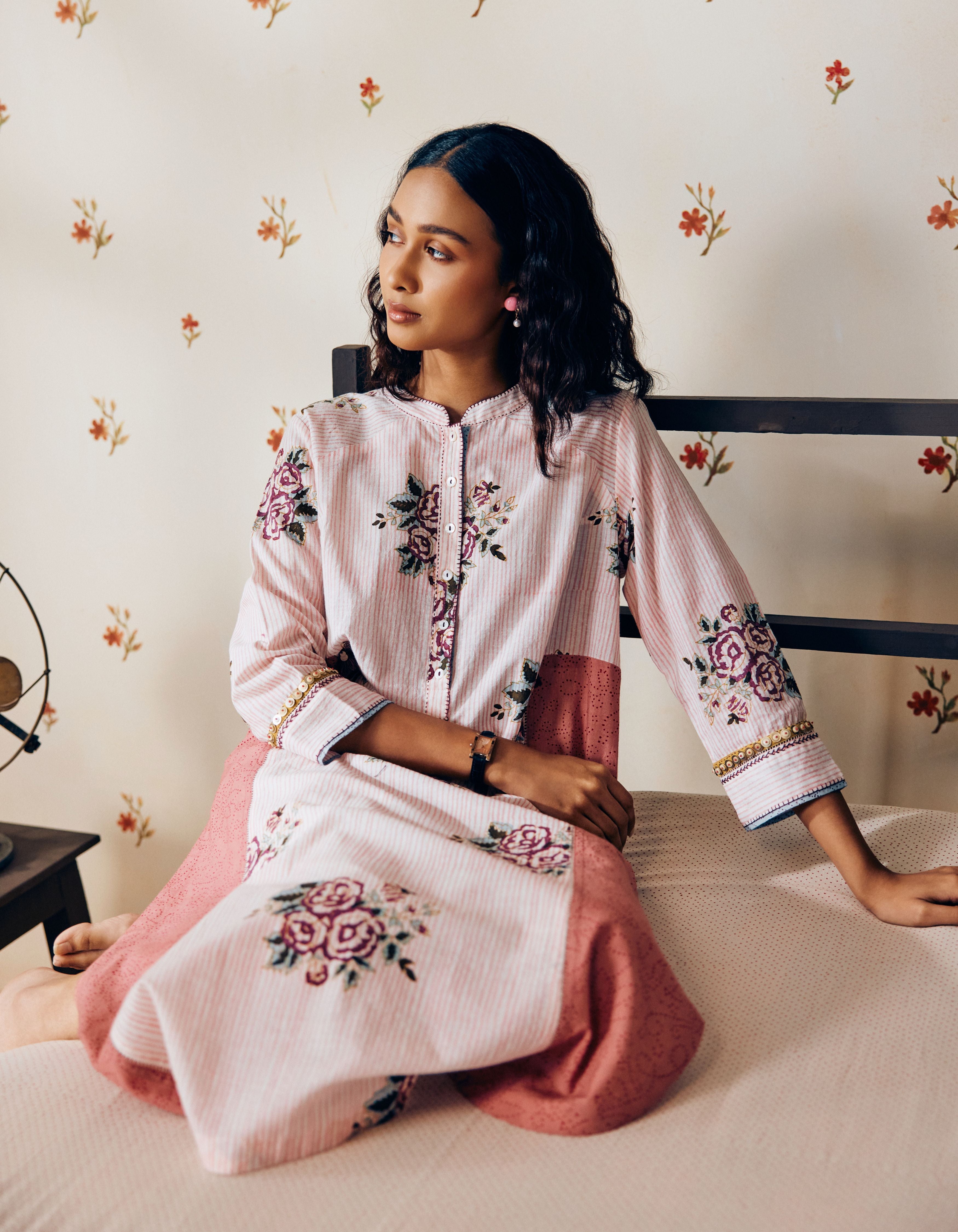 Off-White & Powder Pink Handblock Rose Motif Mia Kurta Set