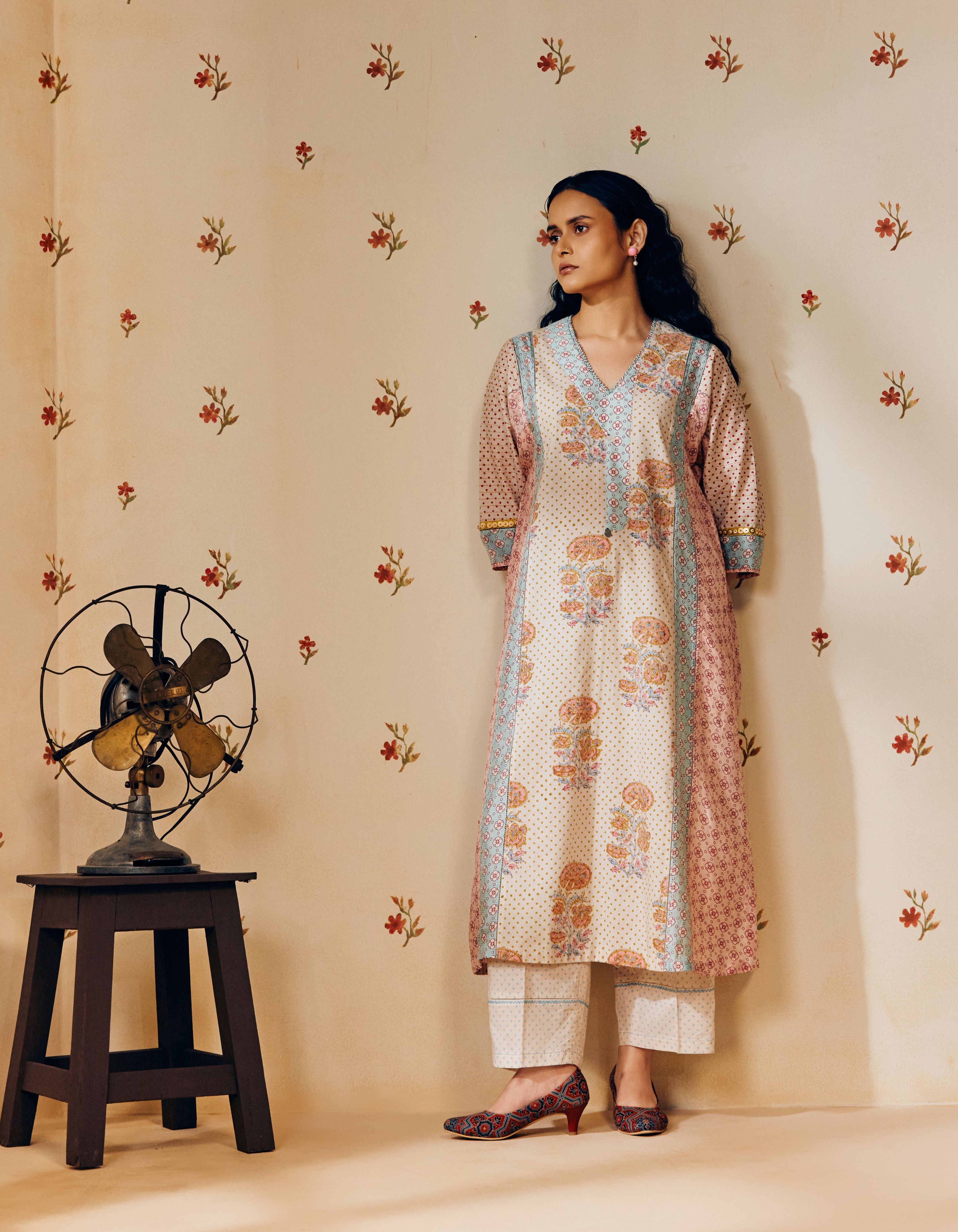 Off-White And Dusty Pink Front Gathers Hand Block Printed Multi Panel Mia Kurta Set