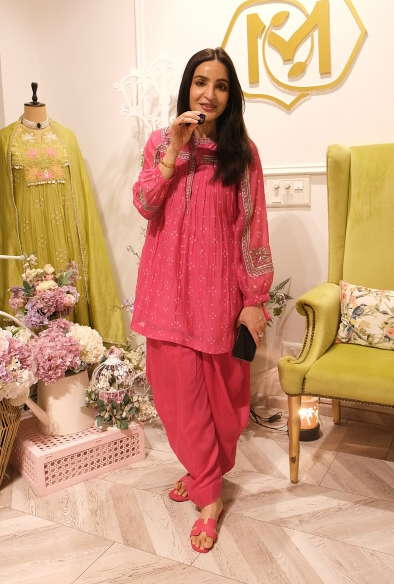 Sumaya Dalmia in Pink Bandhej Dhoti Kurta Set