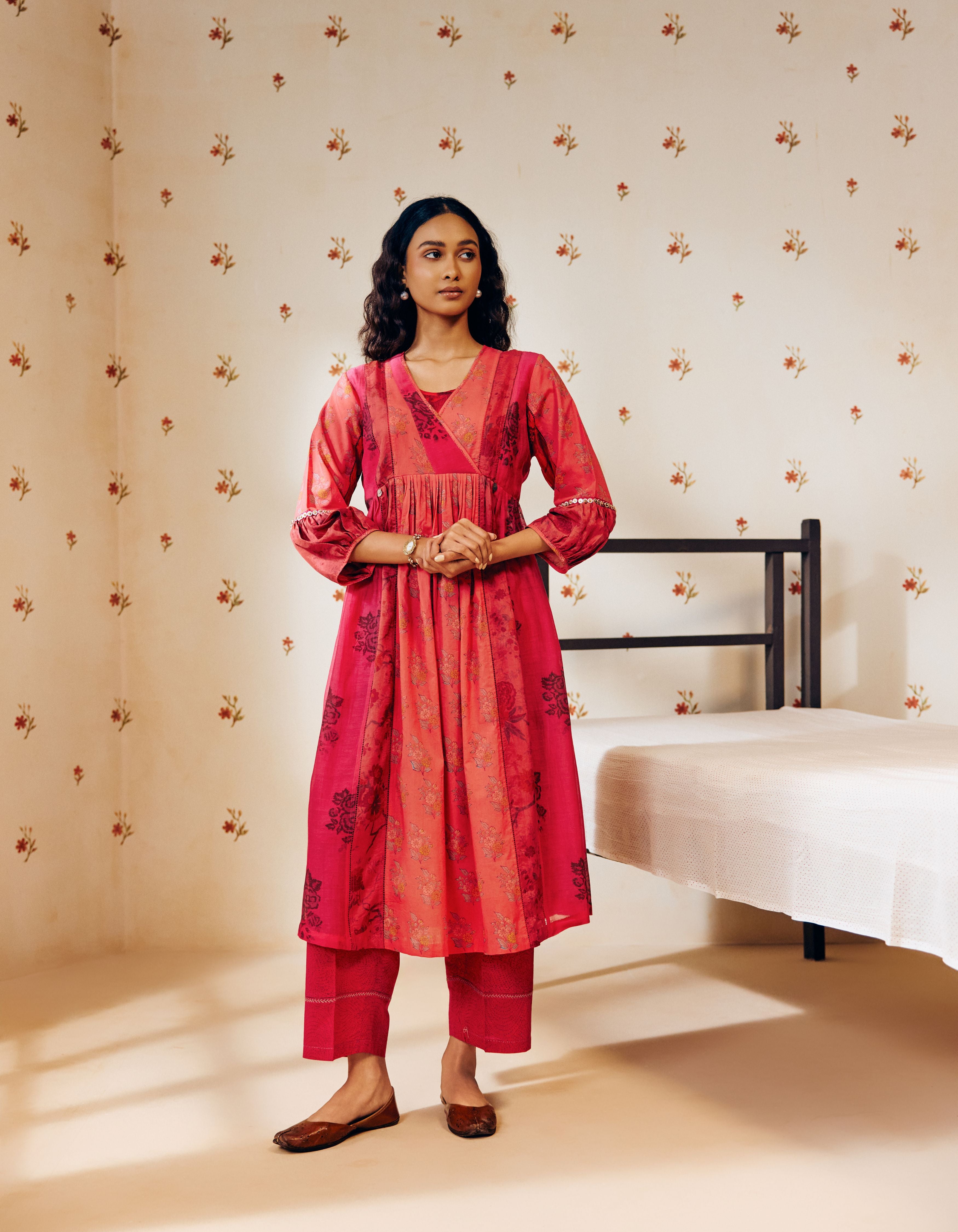 Rani Pink Hand Block Printed Multi Panel Mia Kurta Set