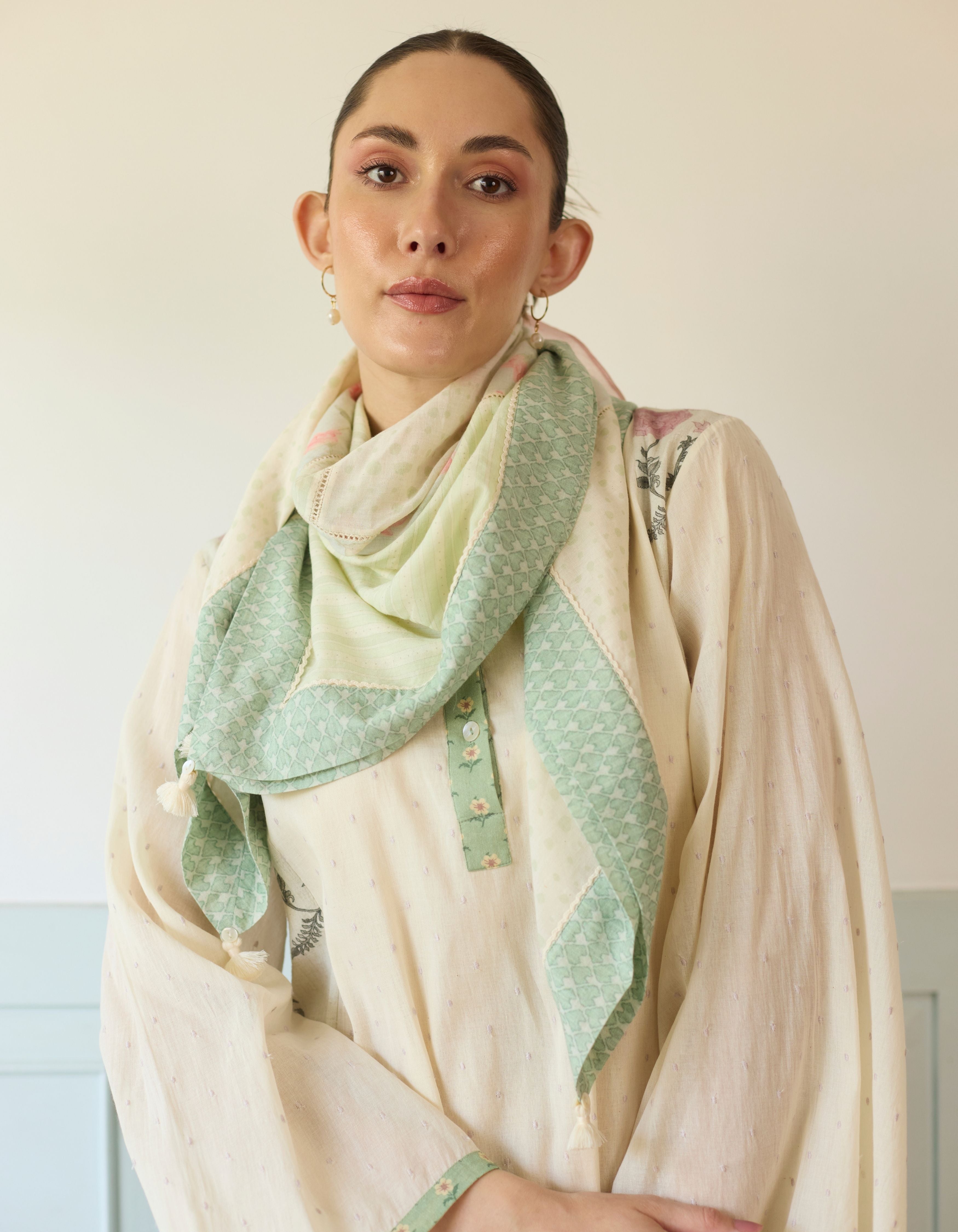 Pink And Green Flared Printed Side Panel Short Amelia Kurta Set