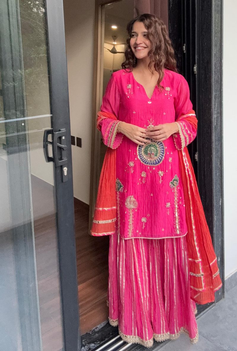 Varsha Rana in Pink Peacock Motif Morbagh Sharara Set