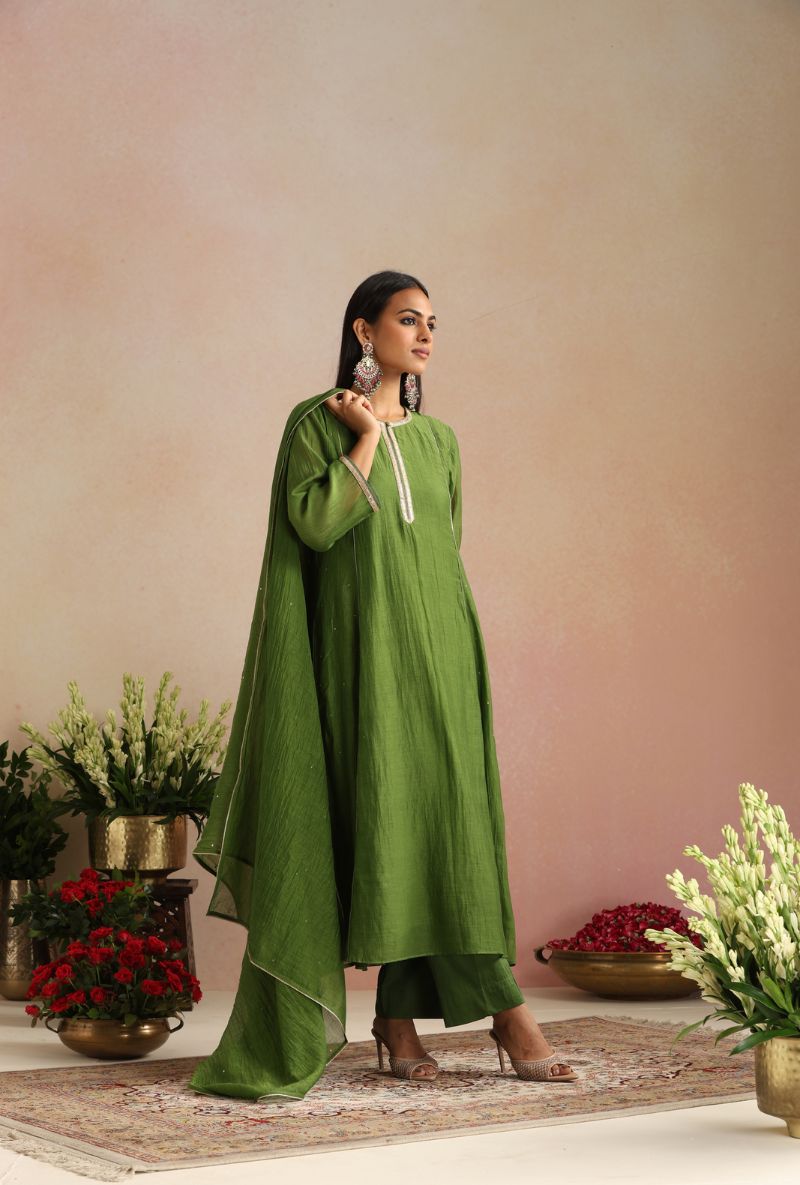 Olive Green Cheeta Work Itrh Kurta Set