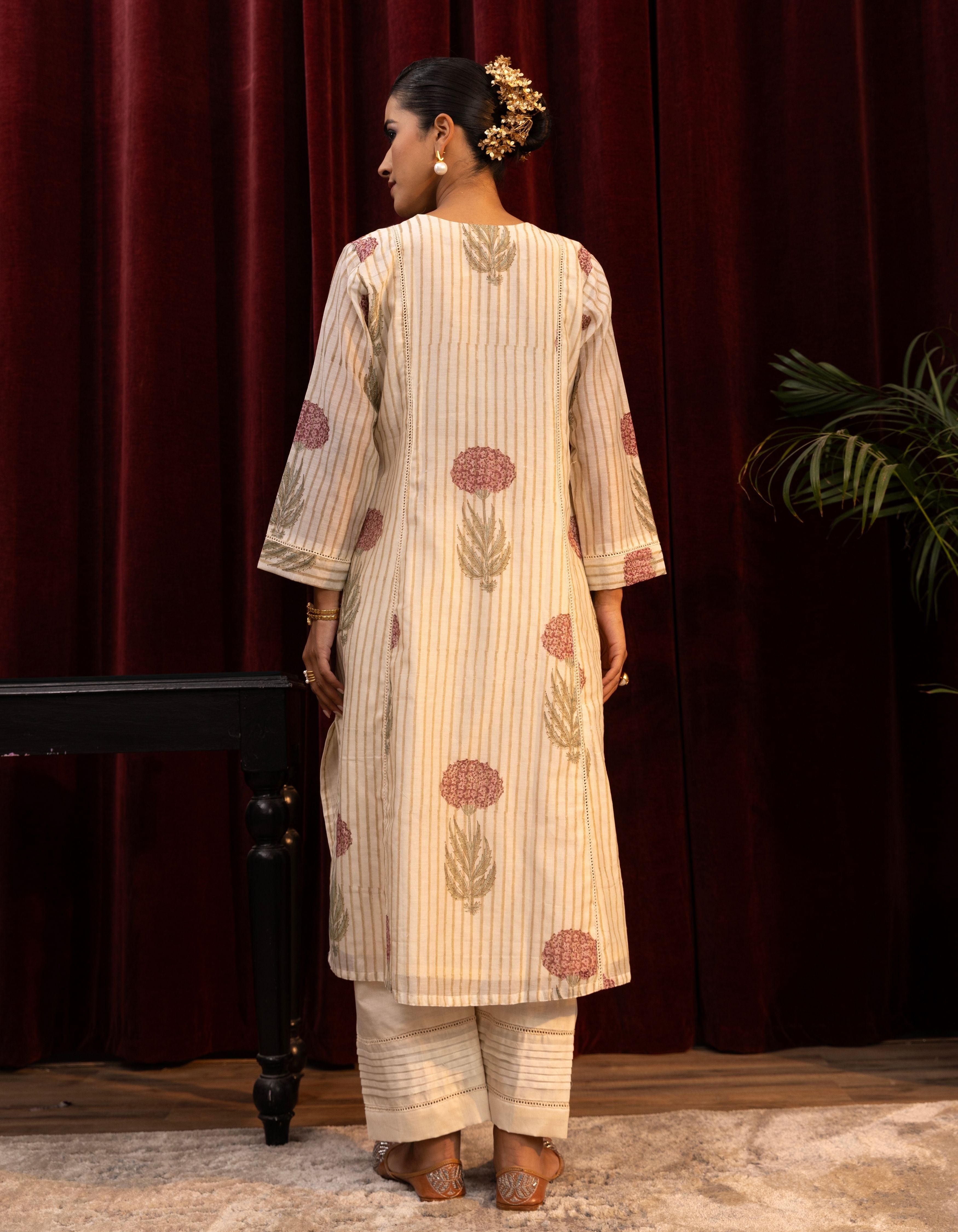 Ivory Stripes Block Print A-line Mogra Kurta Set