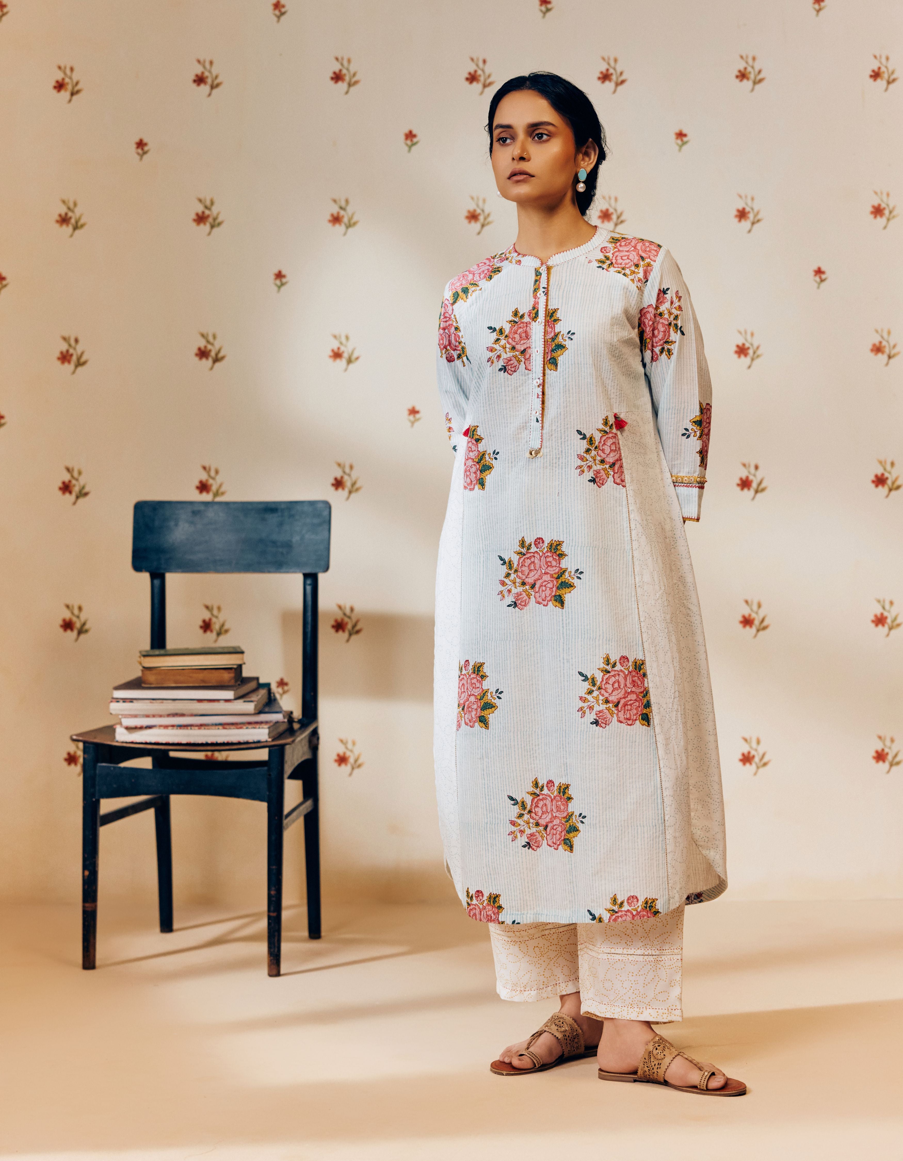 Off-White &  Sky Blue Handblock Rose Motif Mia Kurta Set