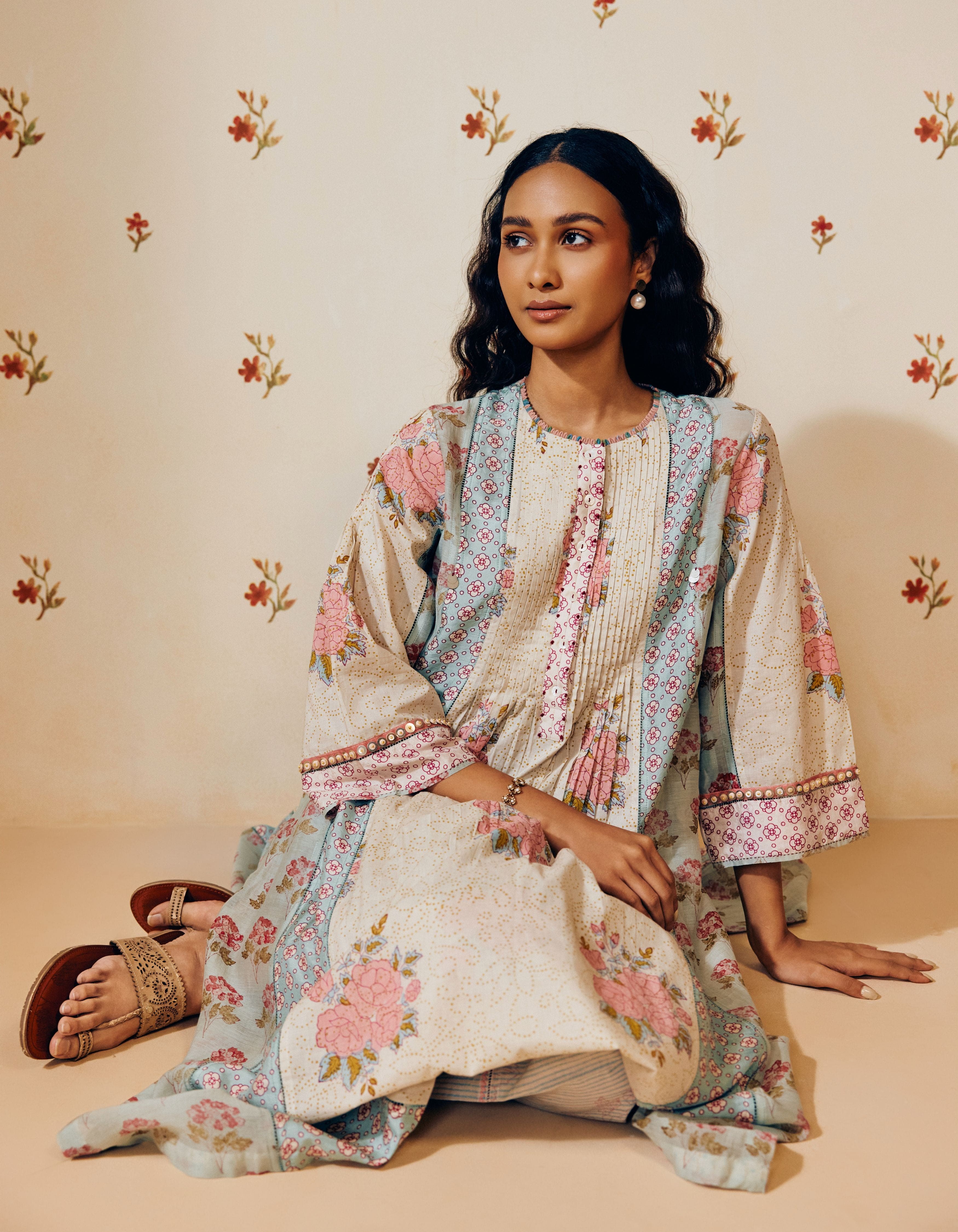 Powder Blue Hand Block Printed Multi Panel Mia Kurta Set